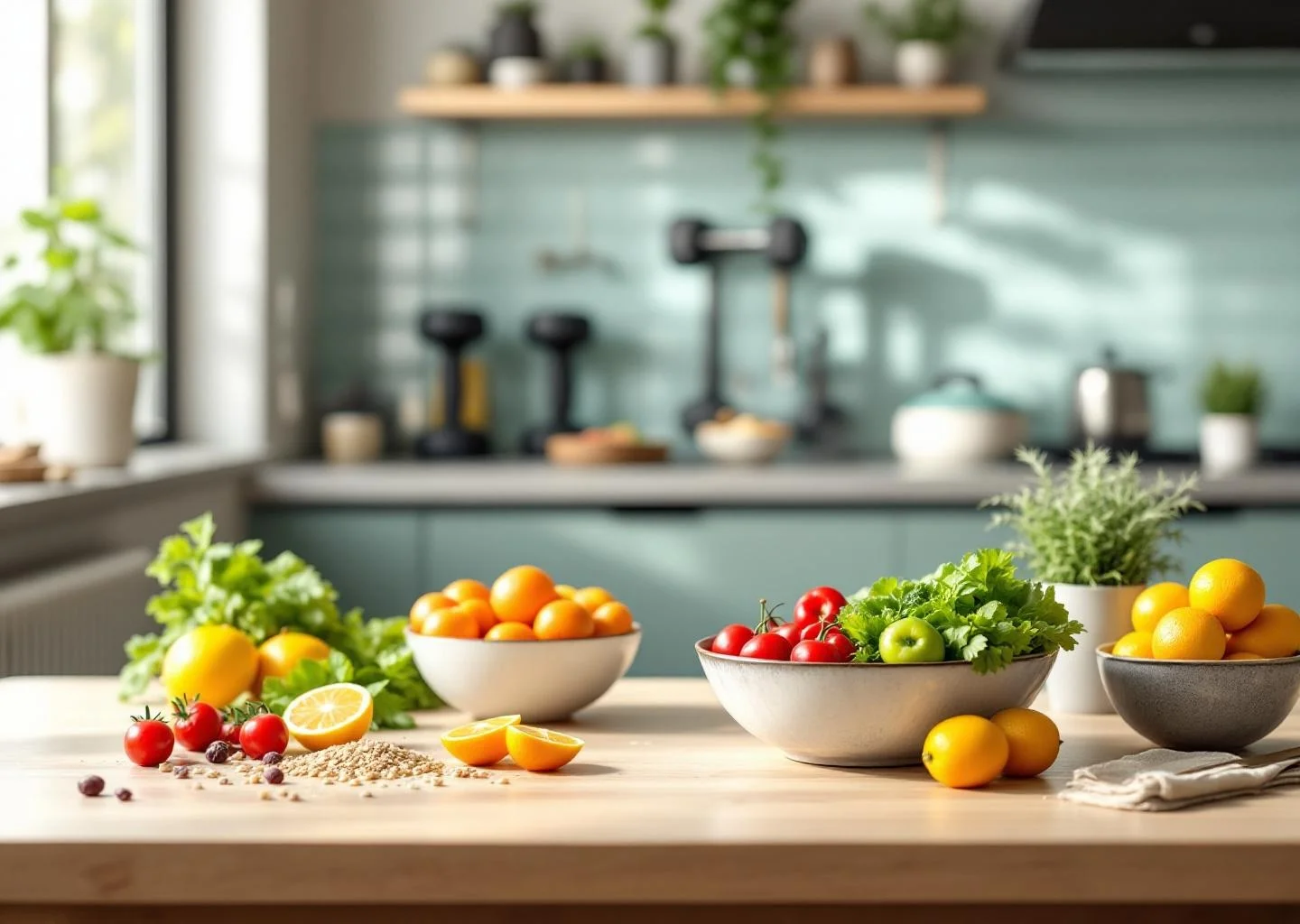 An abstract kitchen scene showcasing a balanced meal plan with colorful foods and subtle hints of resistance training equipment in the background.