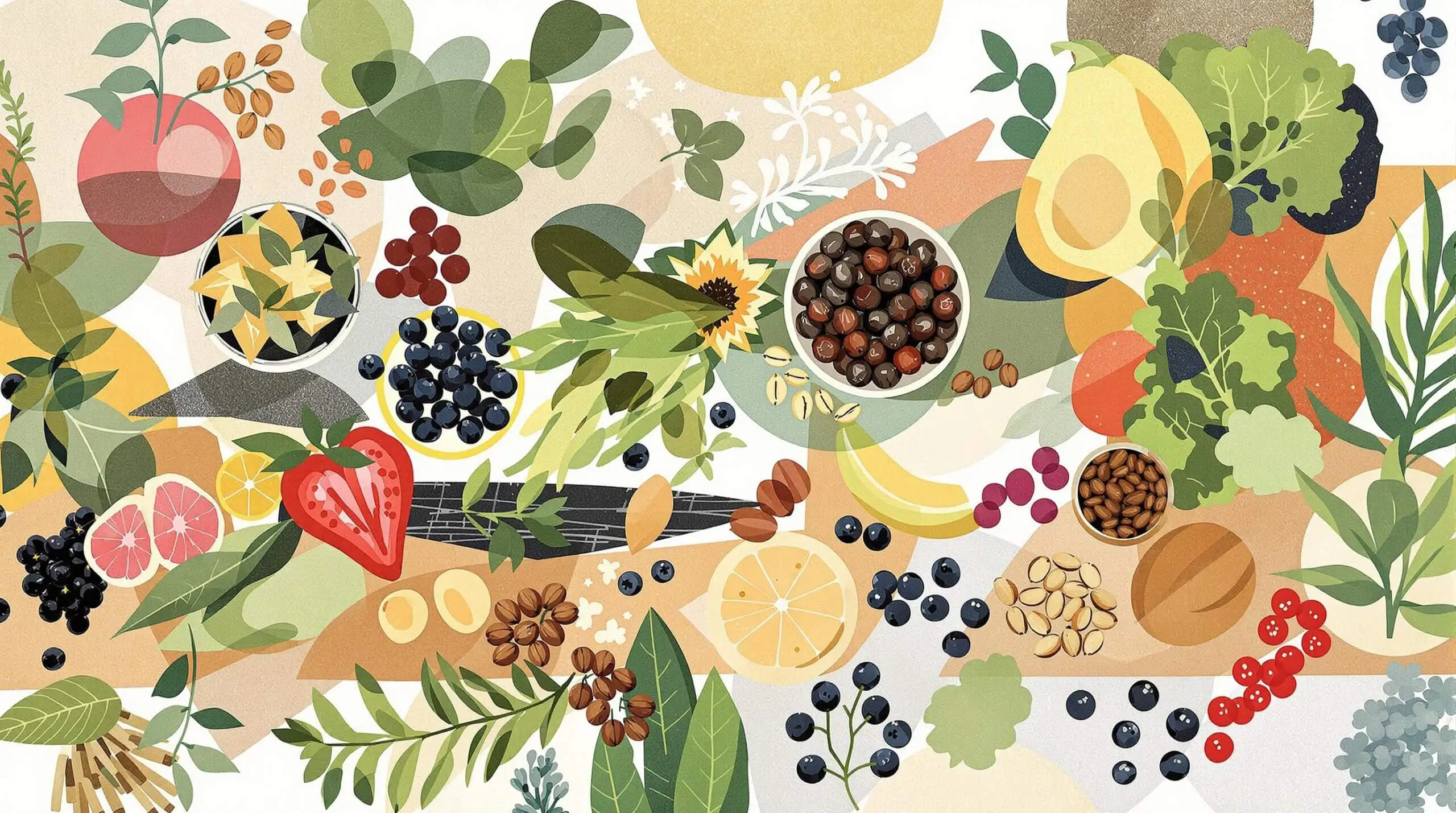 Abstract collage of a kitchen table with superfoods, featuring leafy greens, nuts, and berries.