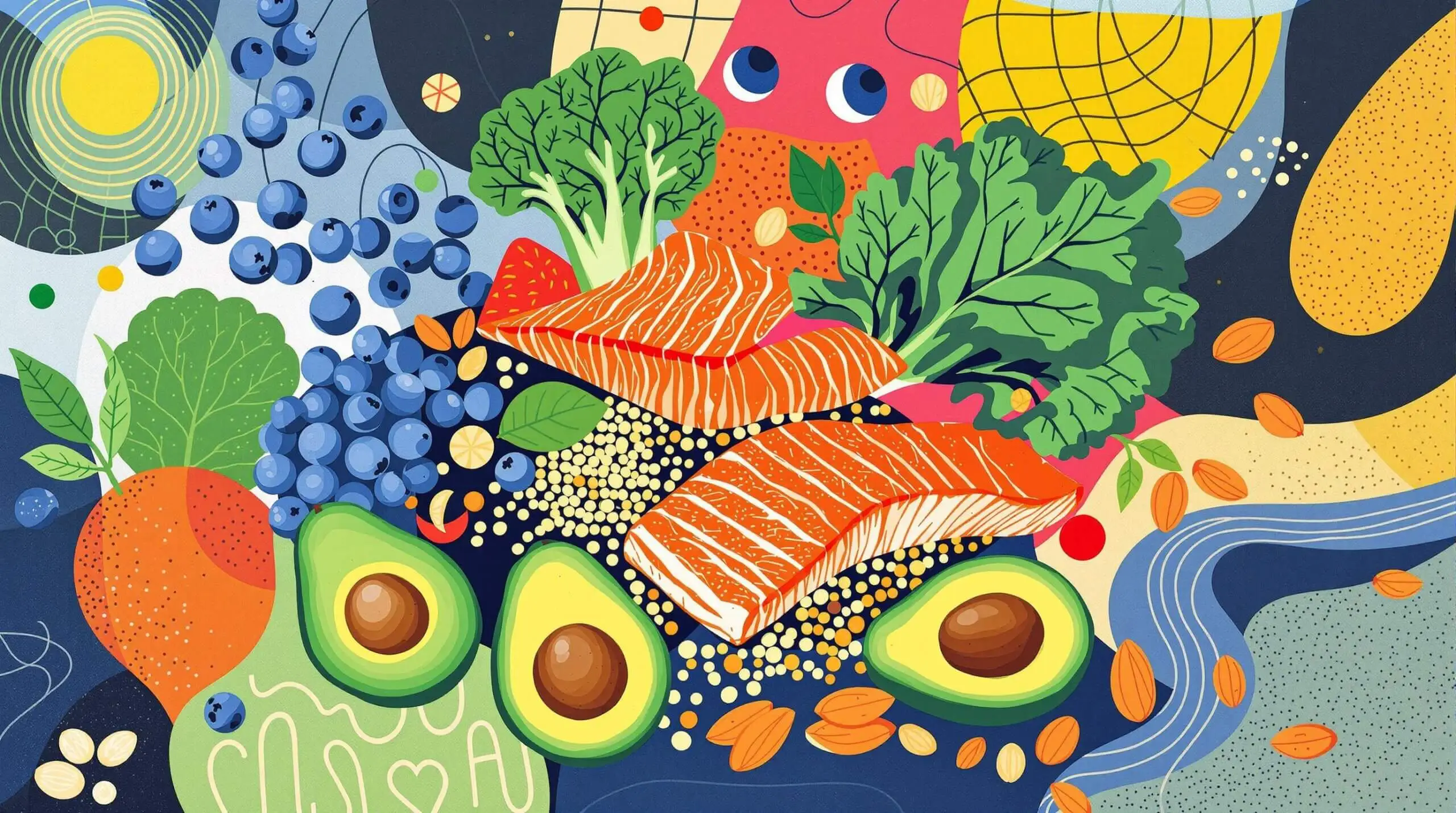 Illustration of superfoods like blueberries, kale, quinoa, salmon, avocados, and almonds with abstract shapes.