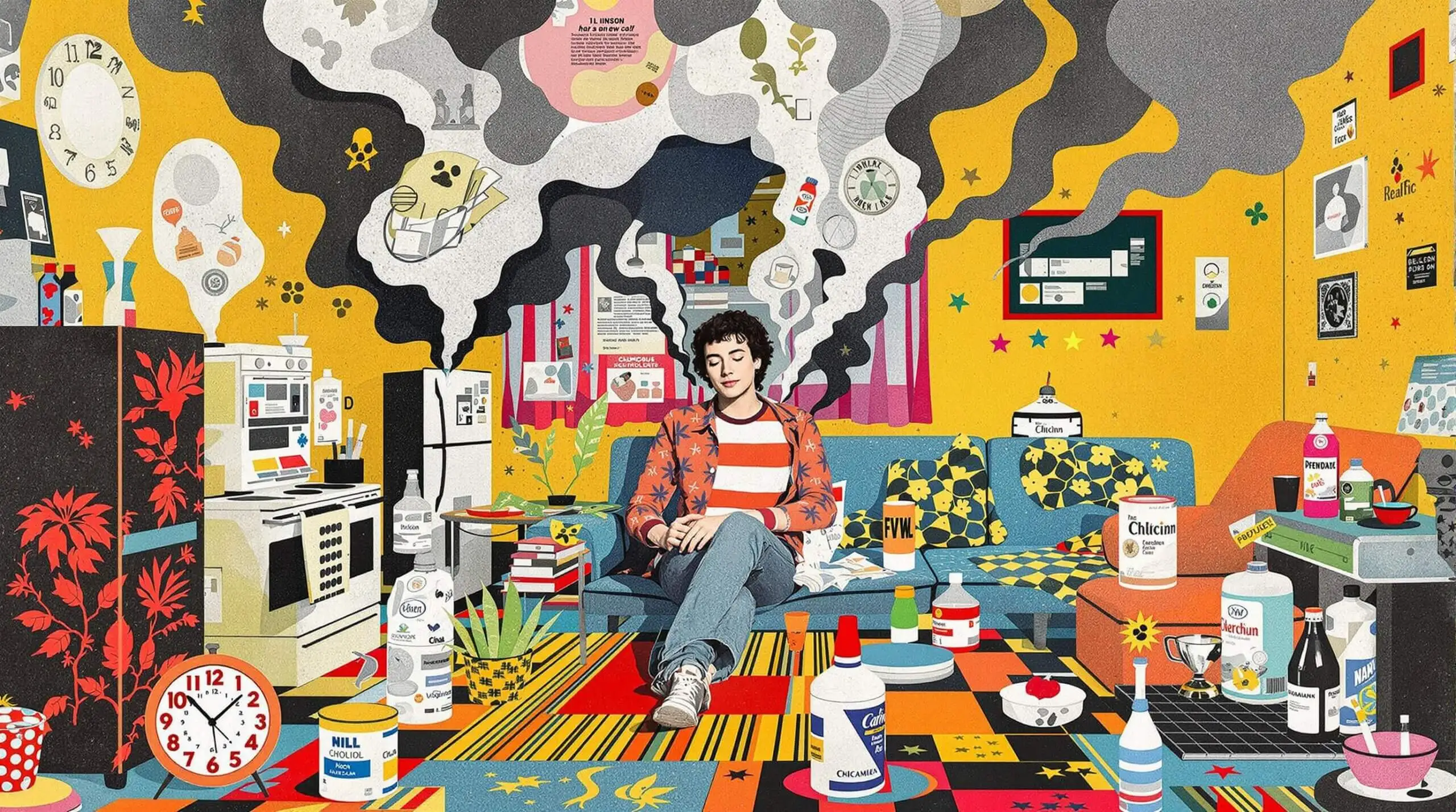 A detailed collage showing a person in a living room with hidden toxins artistically depicted.