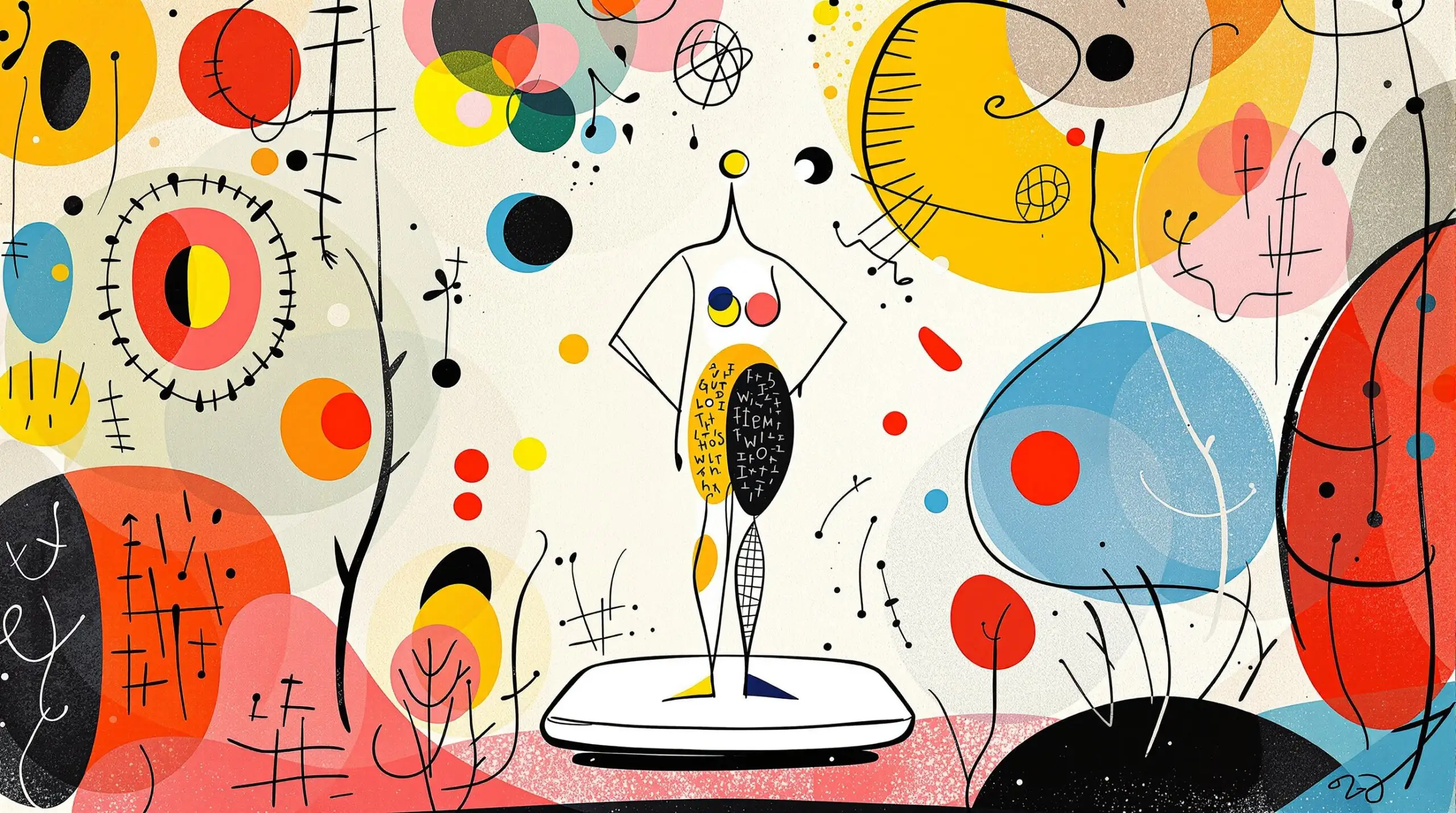 A proud person stands on a scale, with vibrant abstract patterns symbolizing weight loss and longevity.