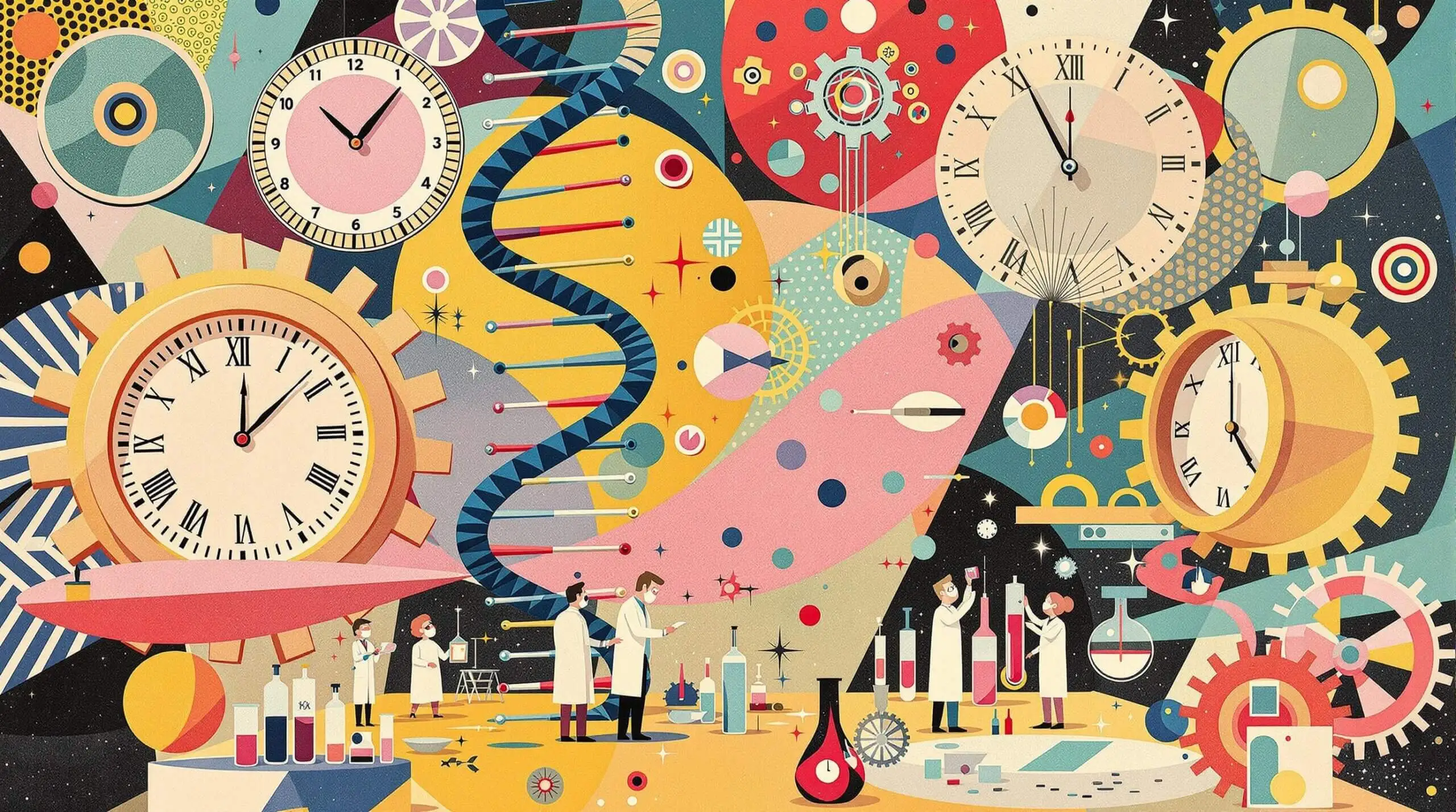 Scientists in a lab with DNA helixes and abstract elements in vibrant colors.