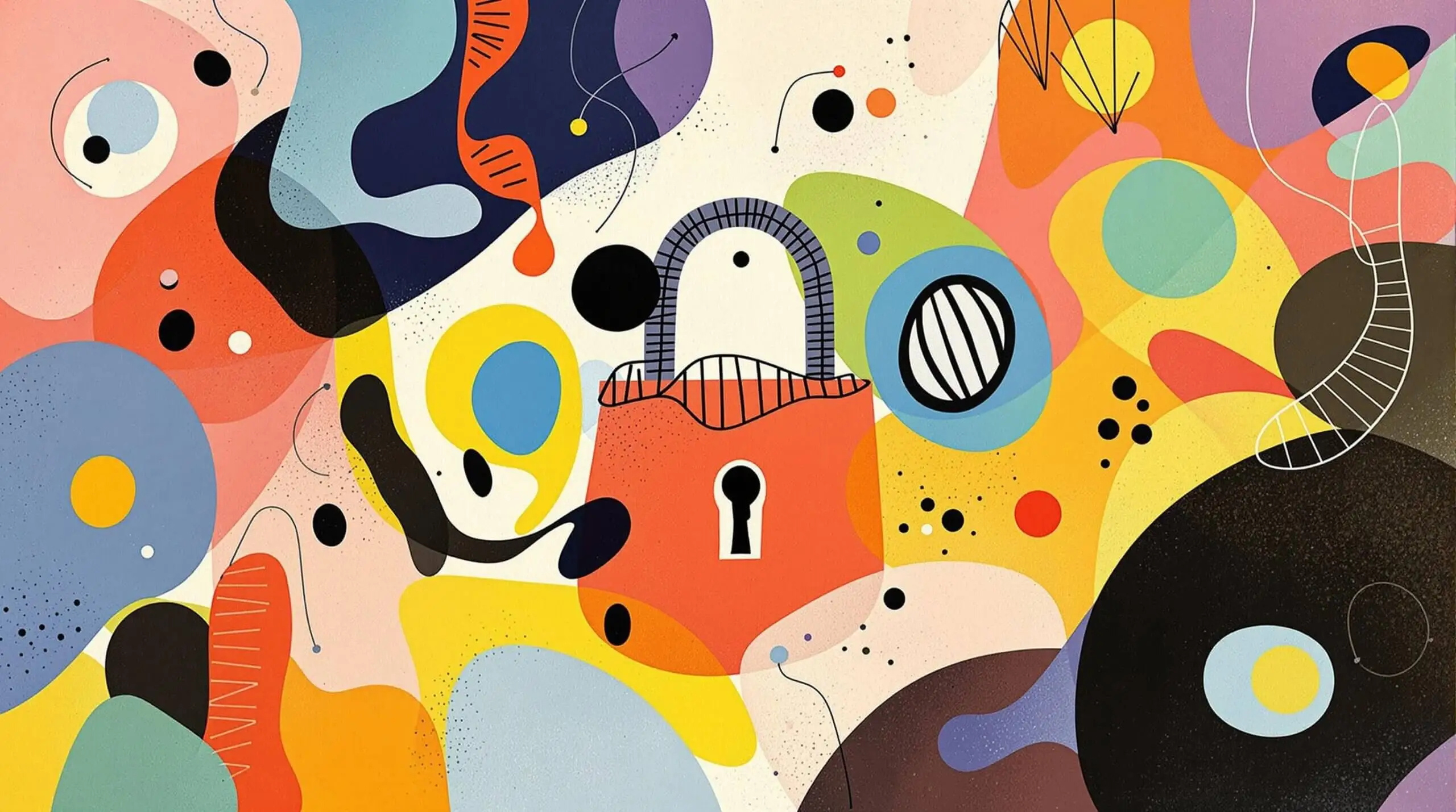 An abstract illustration of a key, lock, and DNA strands in vibrant colors.