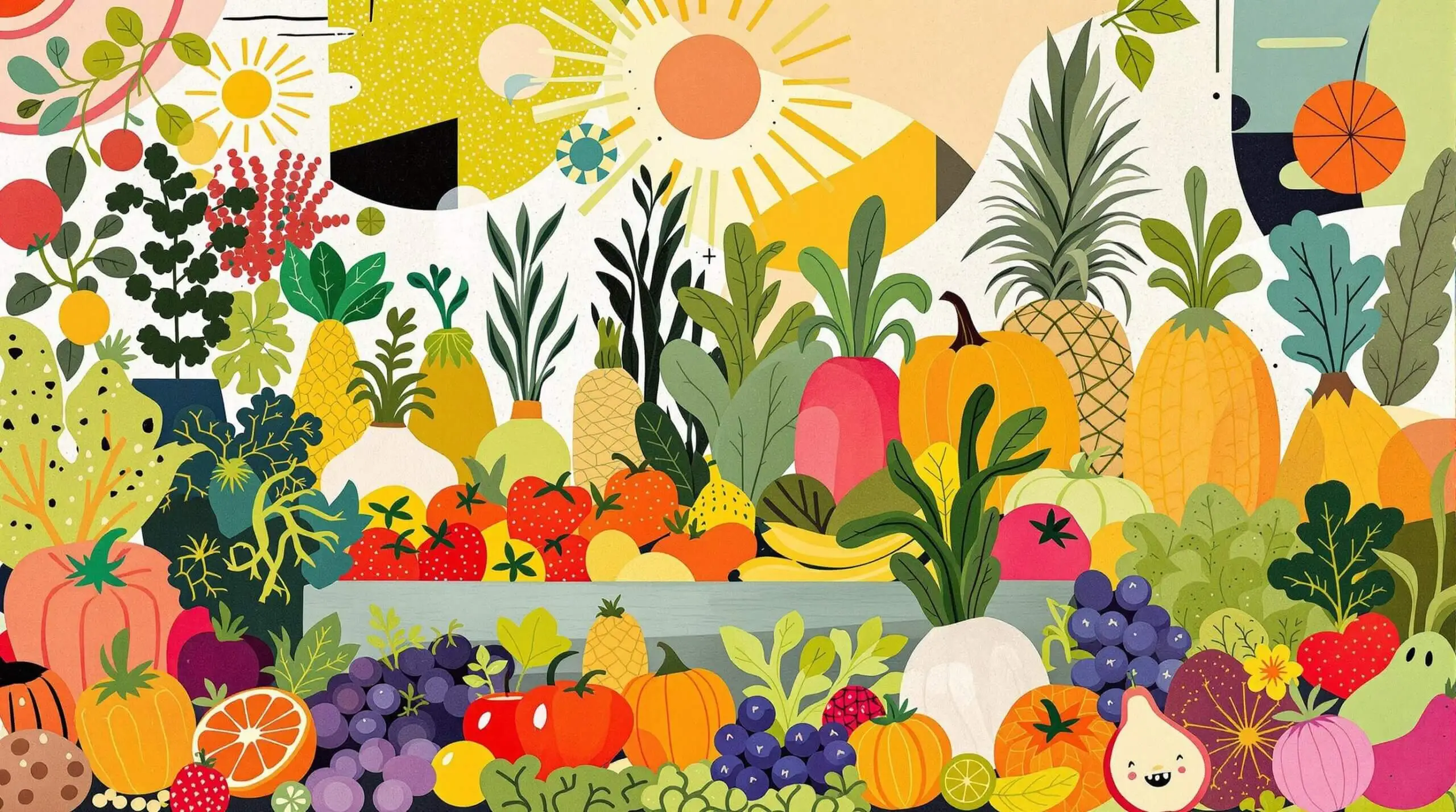 Collage of fresh urban garden produce with abstract background.