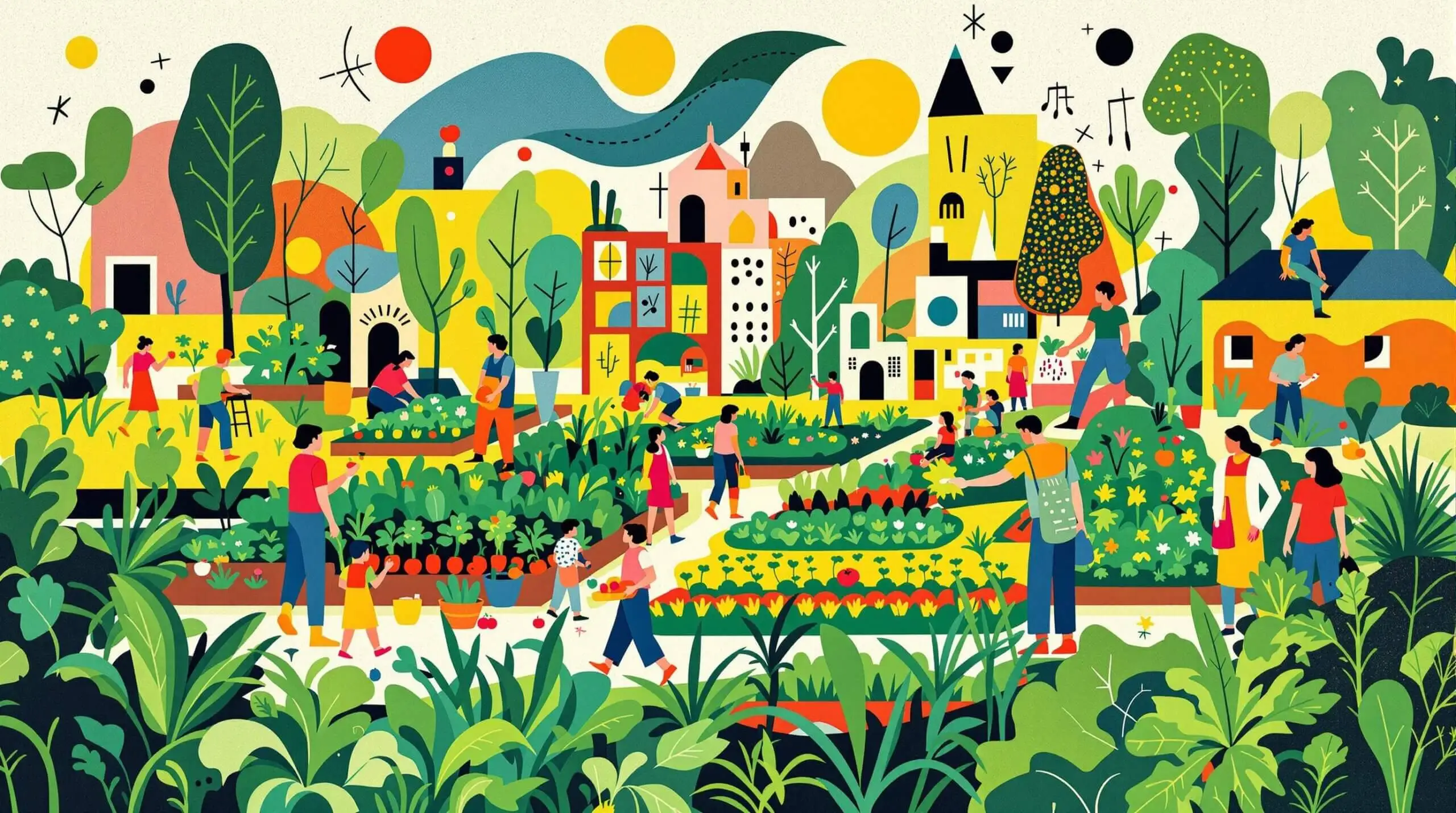 A vibrant urban farming scene with abstract shapes and people farming.