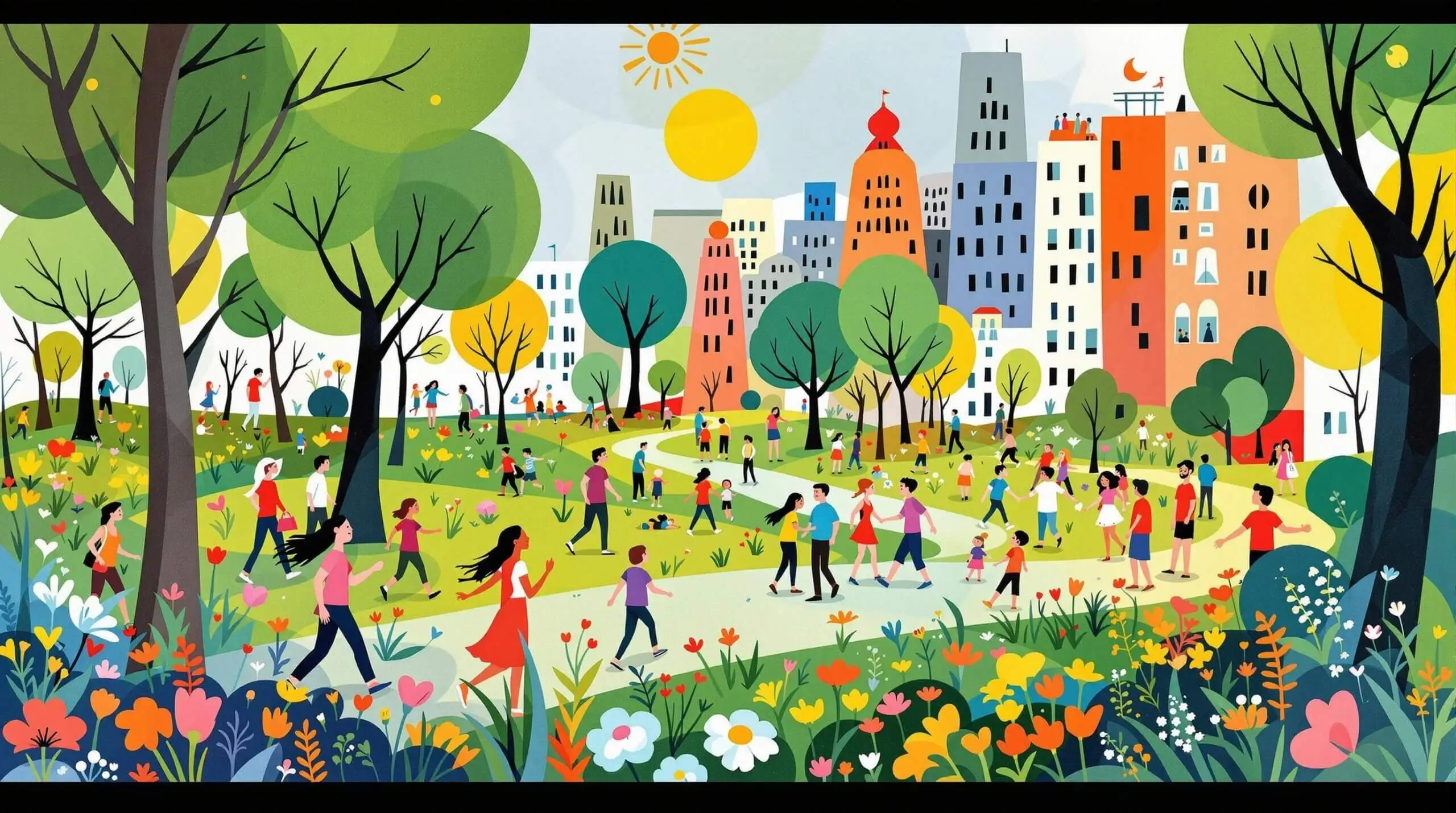 Illustration of people engaging in park activities with greenery and abstract buildings
