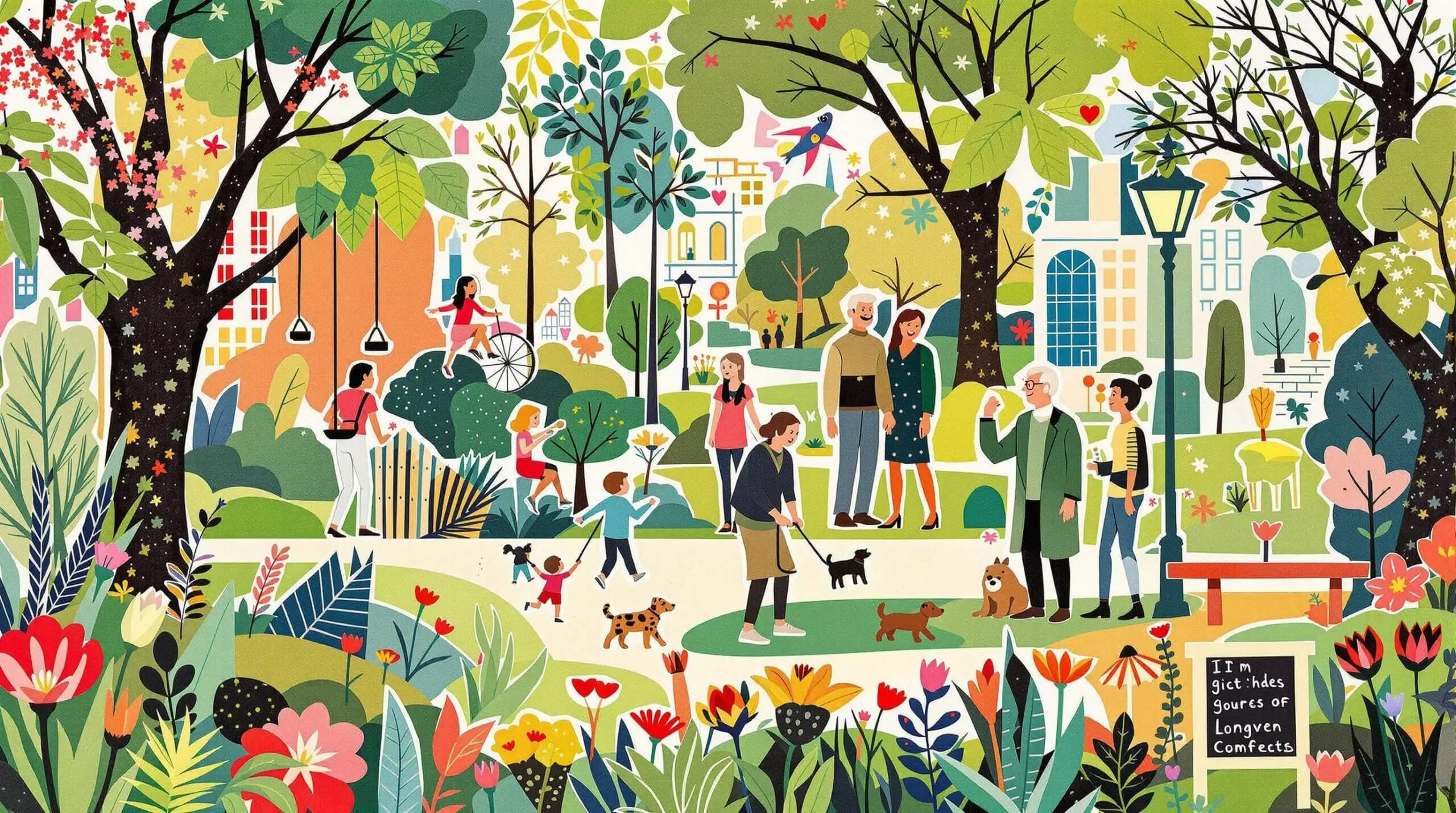 Collage depicting people engaging in various park activities with abstract city cut-outs