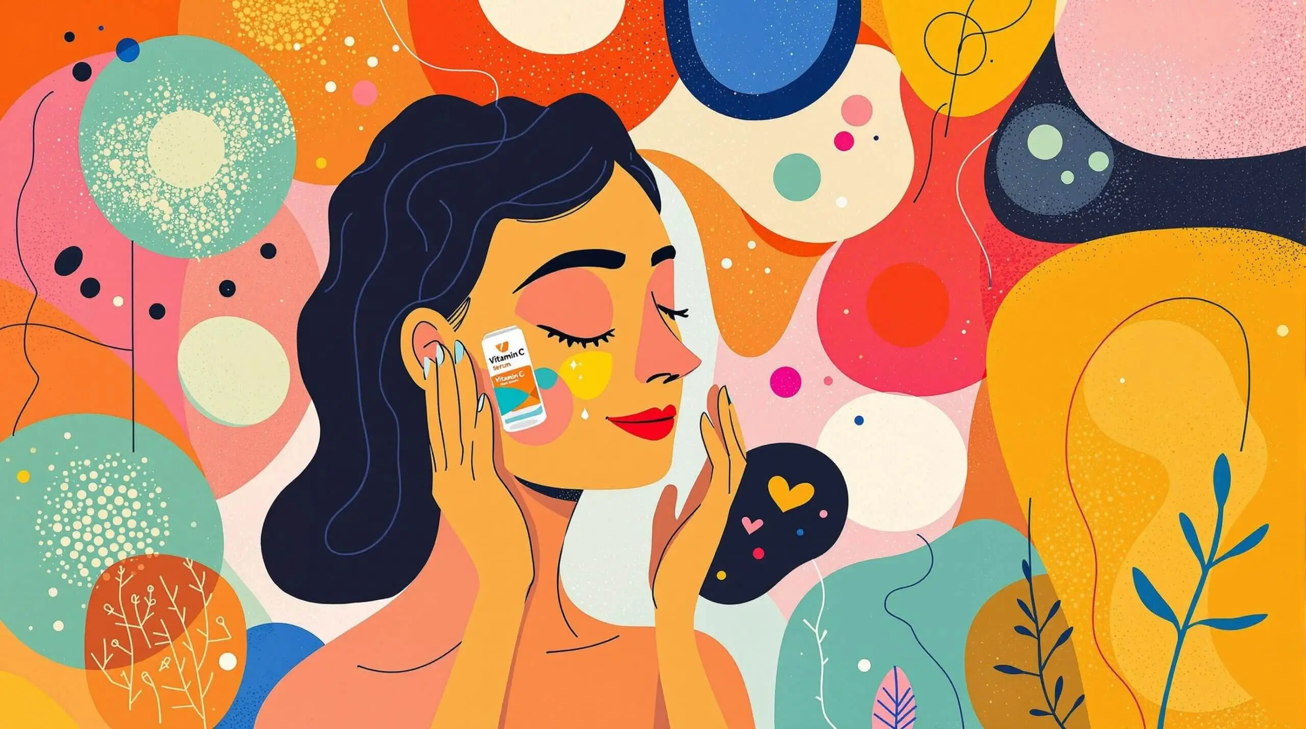 An abstract illustration of a person applying Vitamin C serum with dynamic shapes in the background