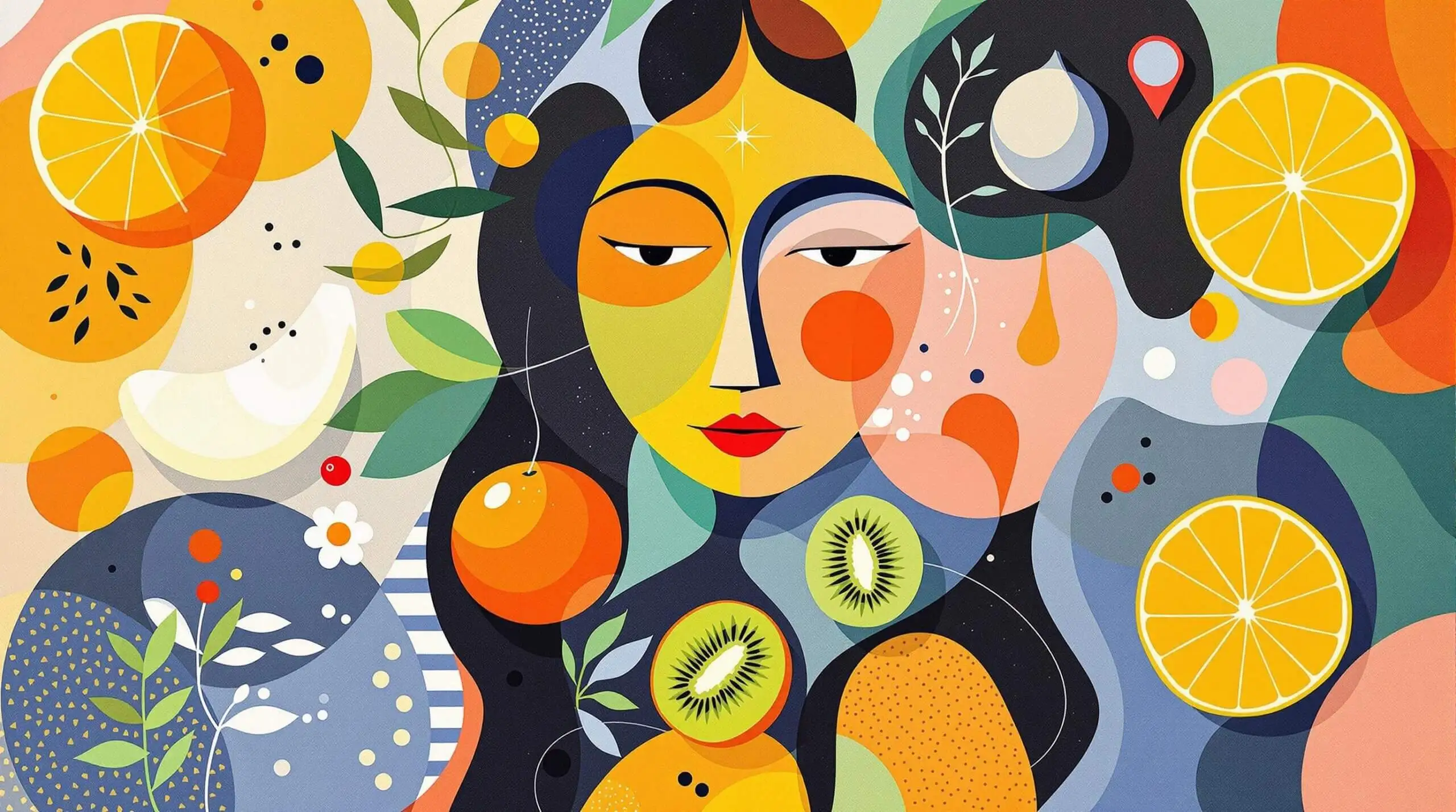 A collage depicting various Vitamin C-rich fruits alongside youthful symbolism and abstract shapes