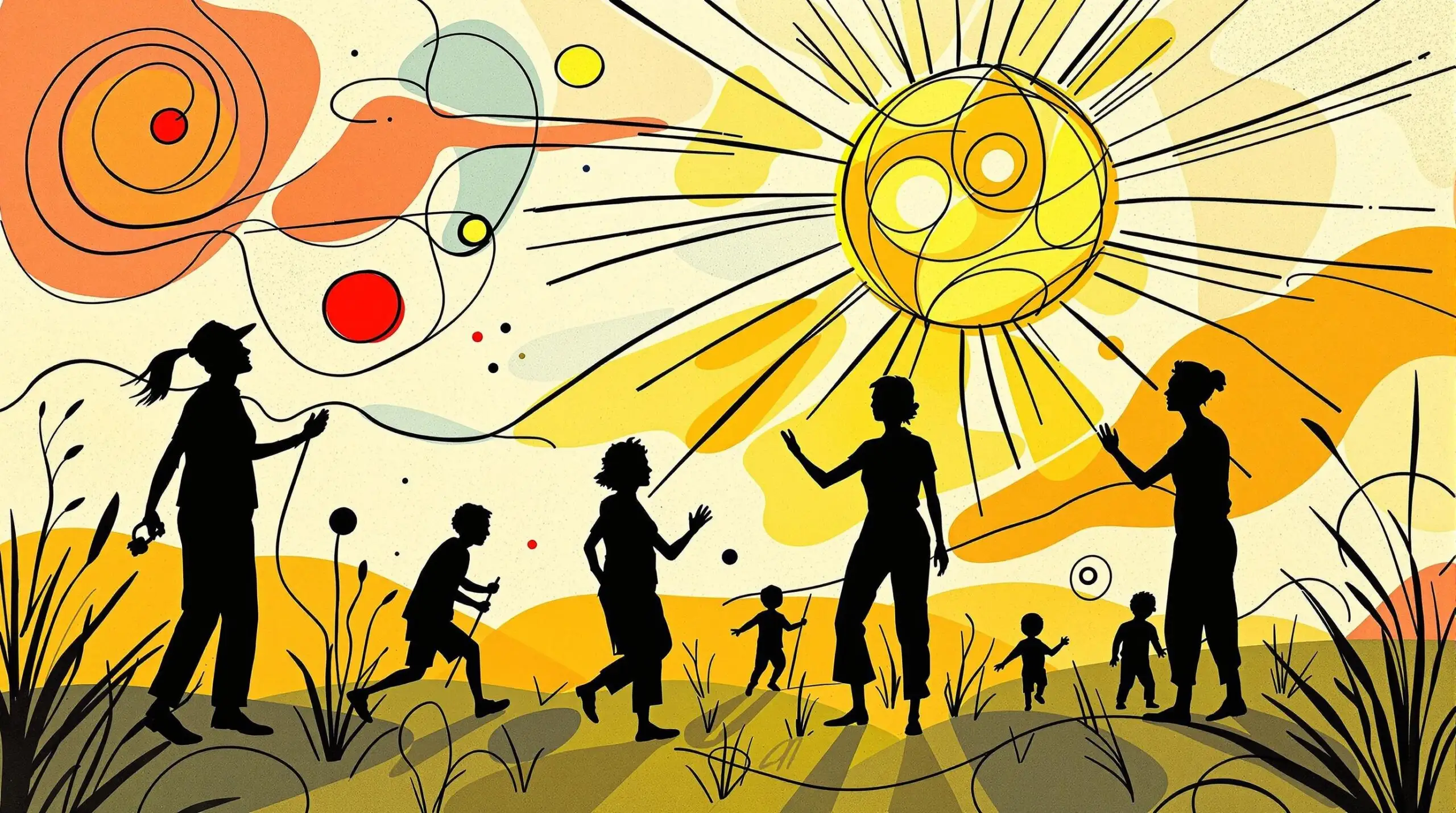 Abstract illustration of elderly people active under a vibrant sun, surrounded by abstract shapes.
