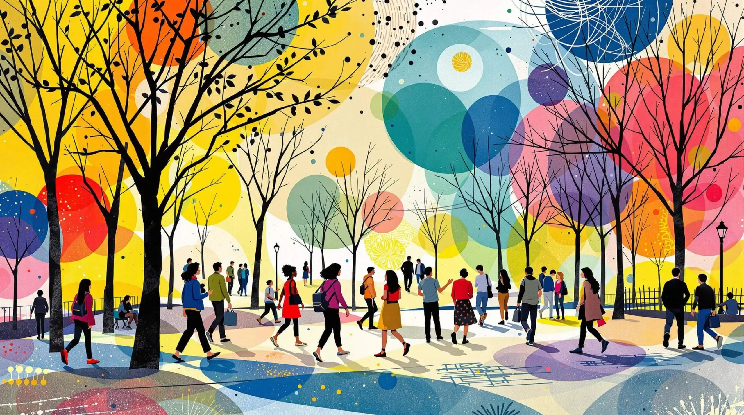 Multiple people walking in an urban park with abstract patterns in the background.