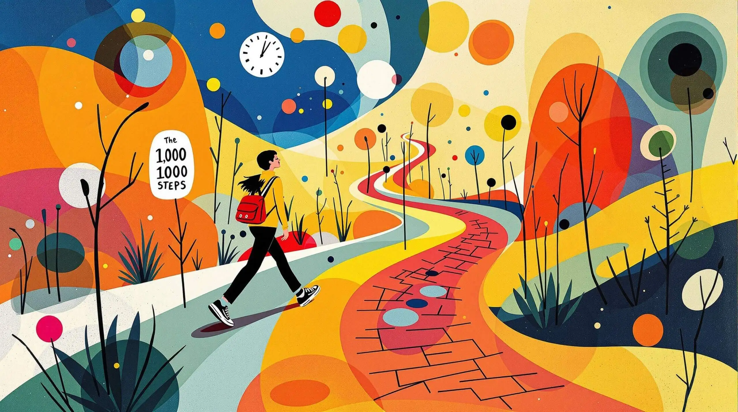 A person walking with colorful abstract pathways and shown with floating numbers and clocks.