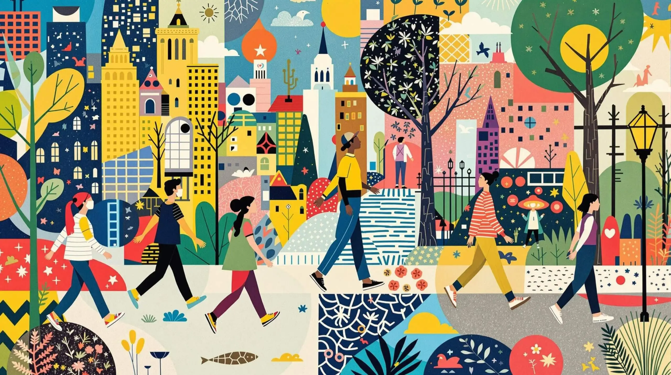 Individuals practicing walking meditation in an abstract urban collage.