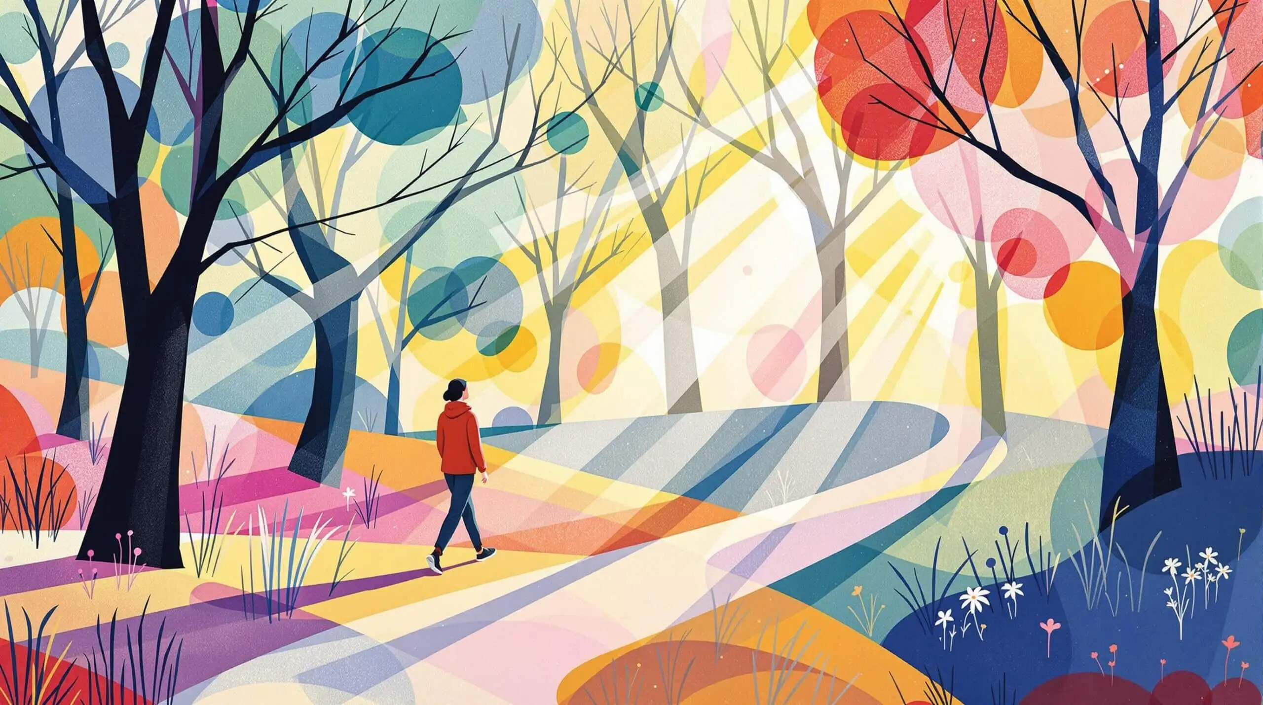 A person walking meditatively in a vibrant, abstract park setting.