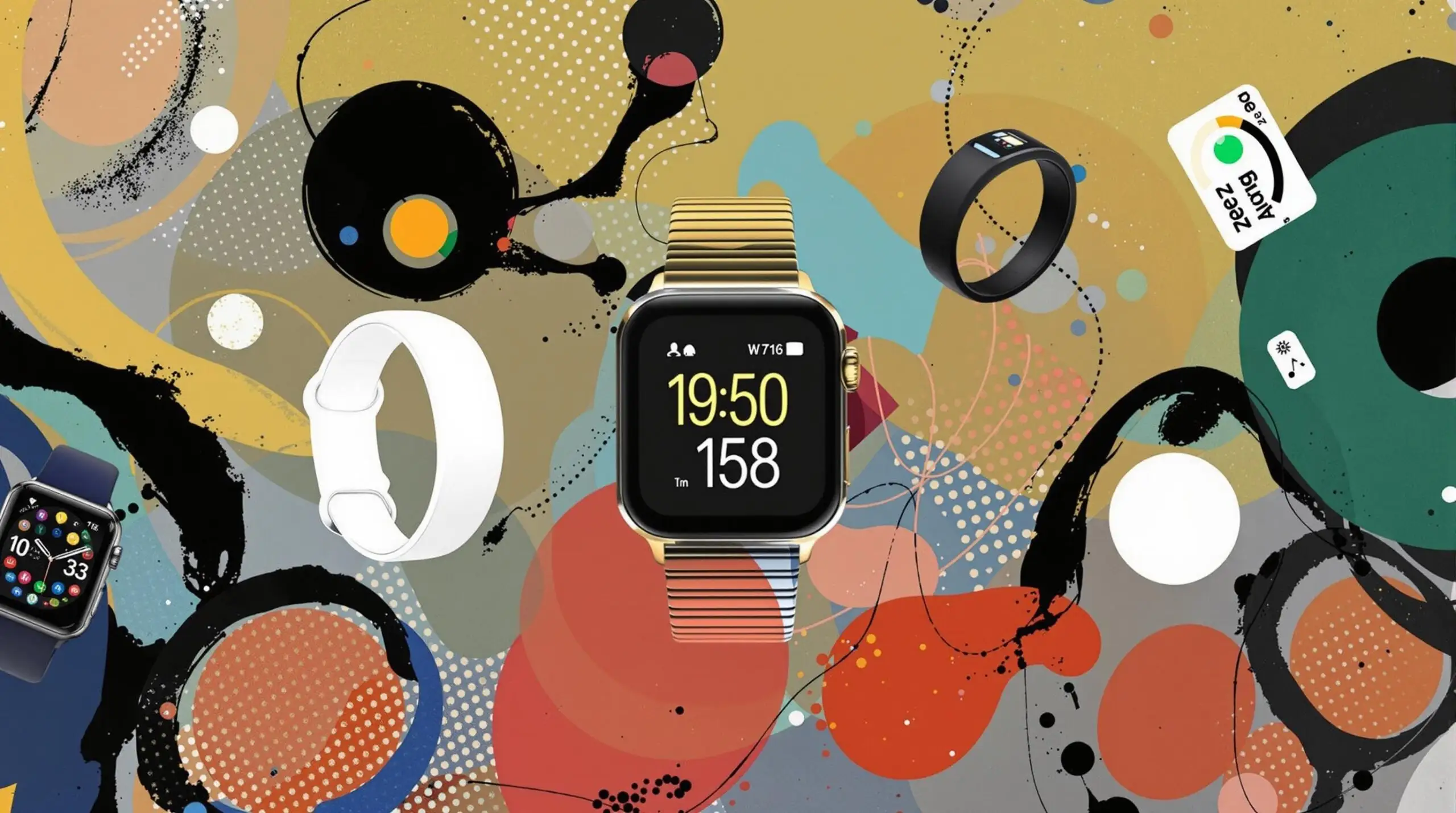 Advanced wearable tech devices with a colorful, abstract background