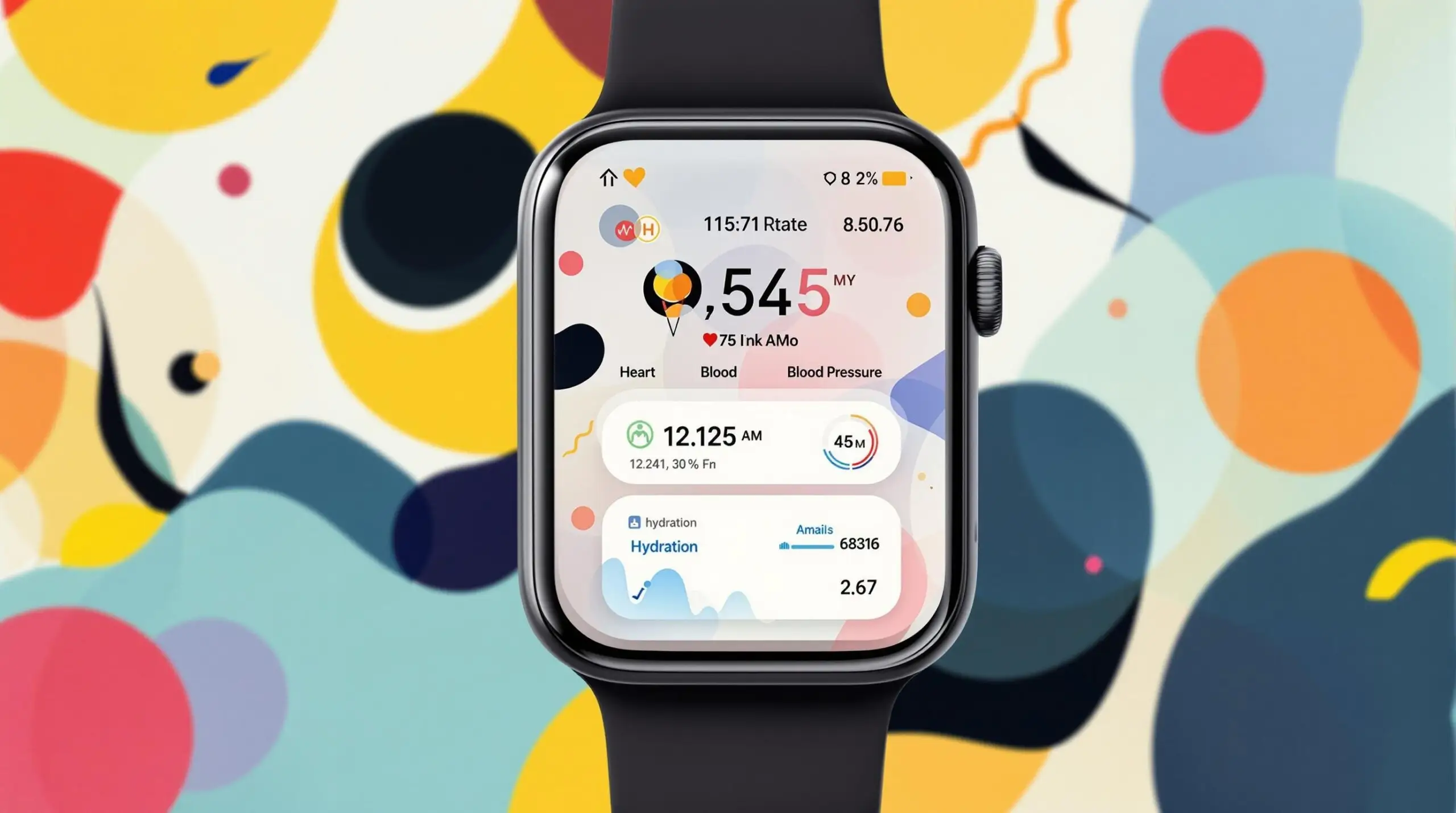 Futuristic wearable device interface showing real-time health data with an abstract, colorful background
