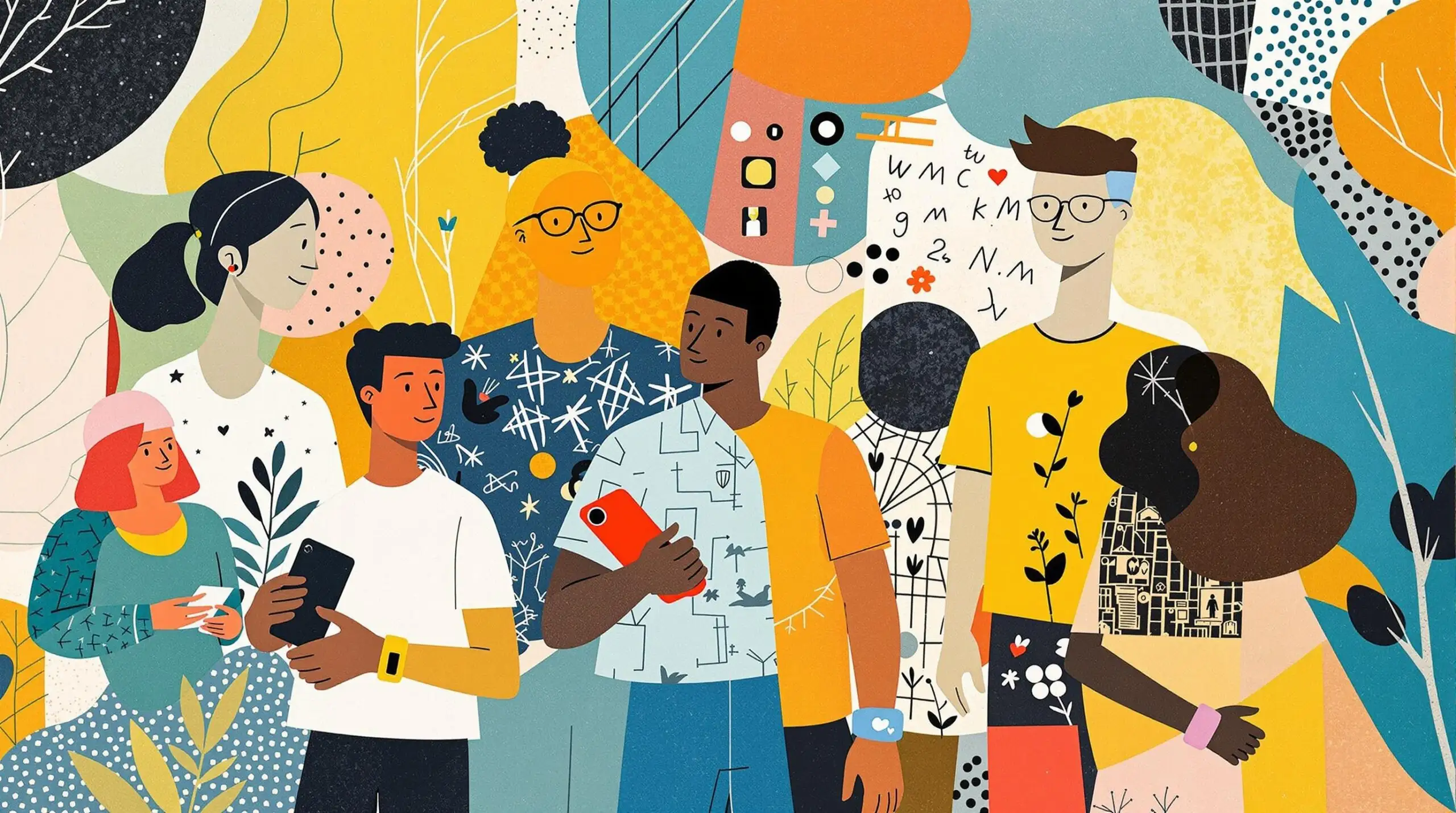 Illustration of diverse people using wearable tech in an abstract, collage-style scene.