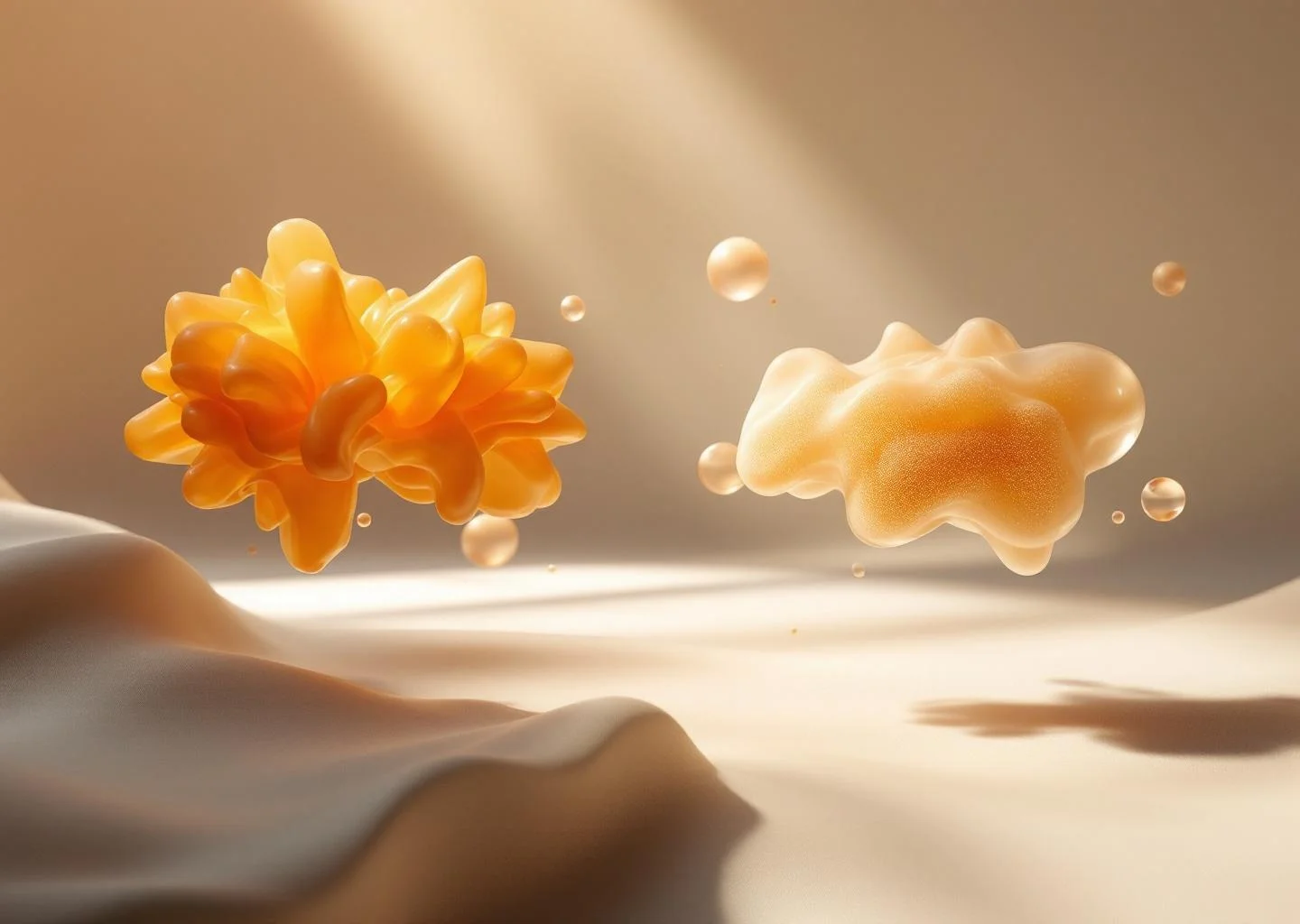 An abstract 3D visualization contrasting dense, deep-amber visceral fat near internal structures against a lighter, softer layer of subcutaneous fat.