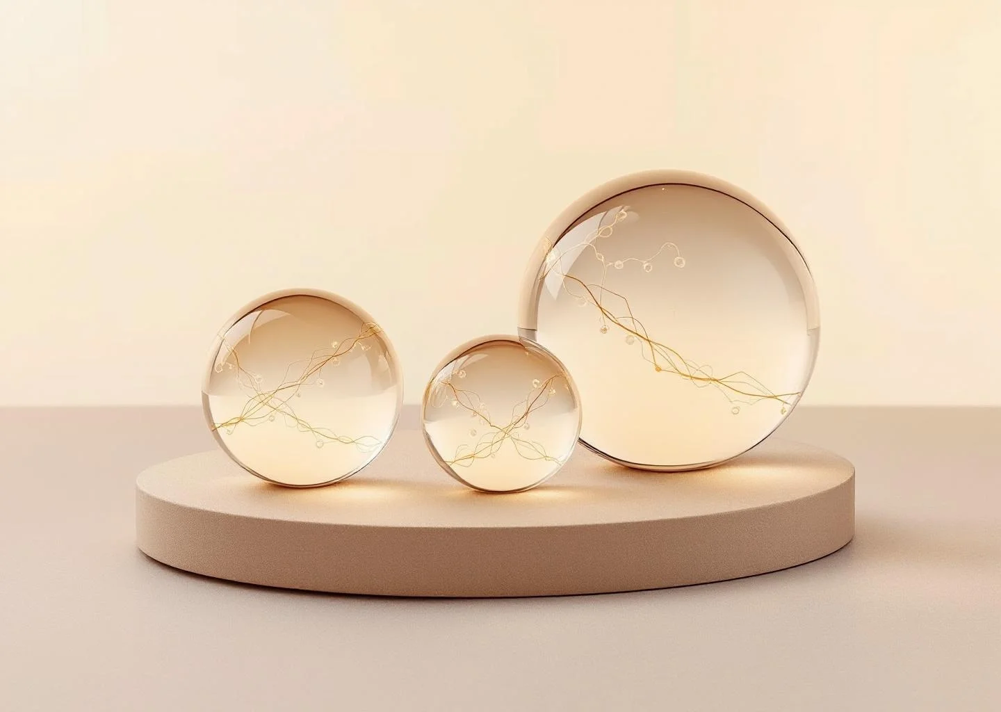 Three glowing, translucent glass spheres on a neutral surface, symbolizing biological balance and scientific precision.