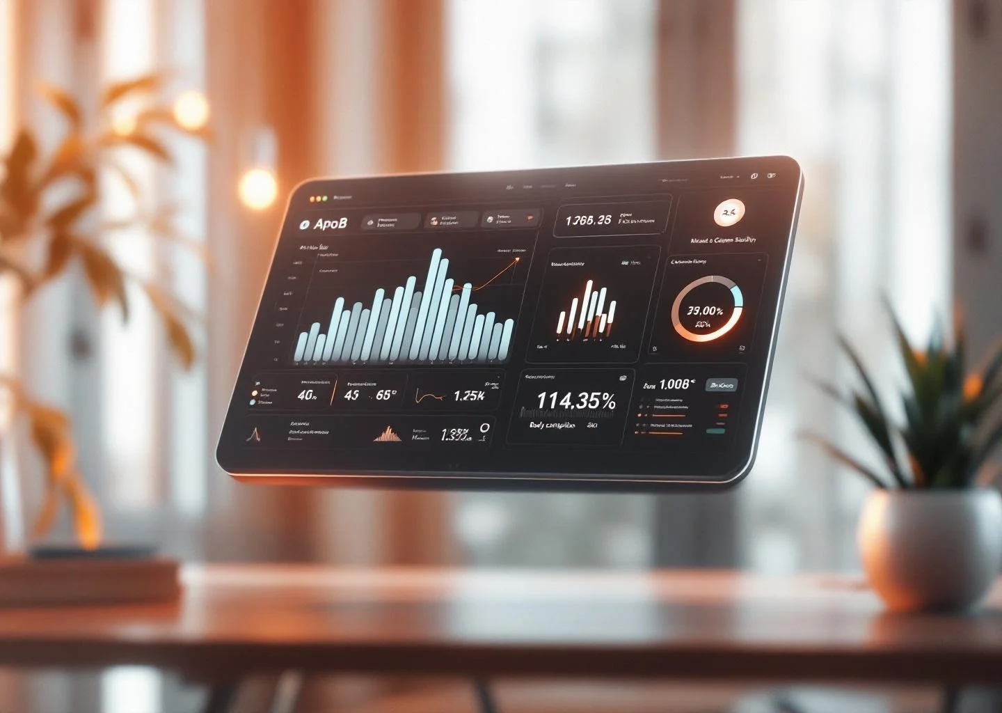 An abstract, futuristic data dashboard displaying health metrics in a warm, minimalist environment.