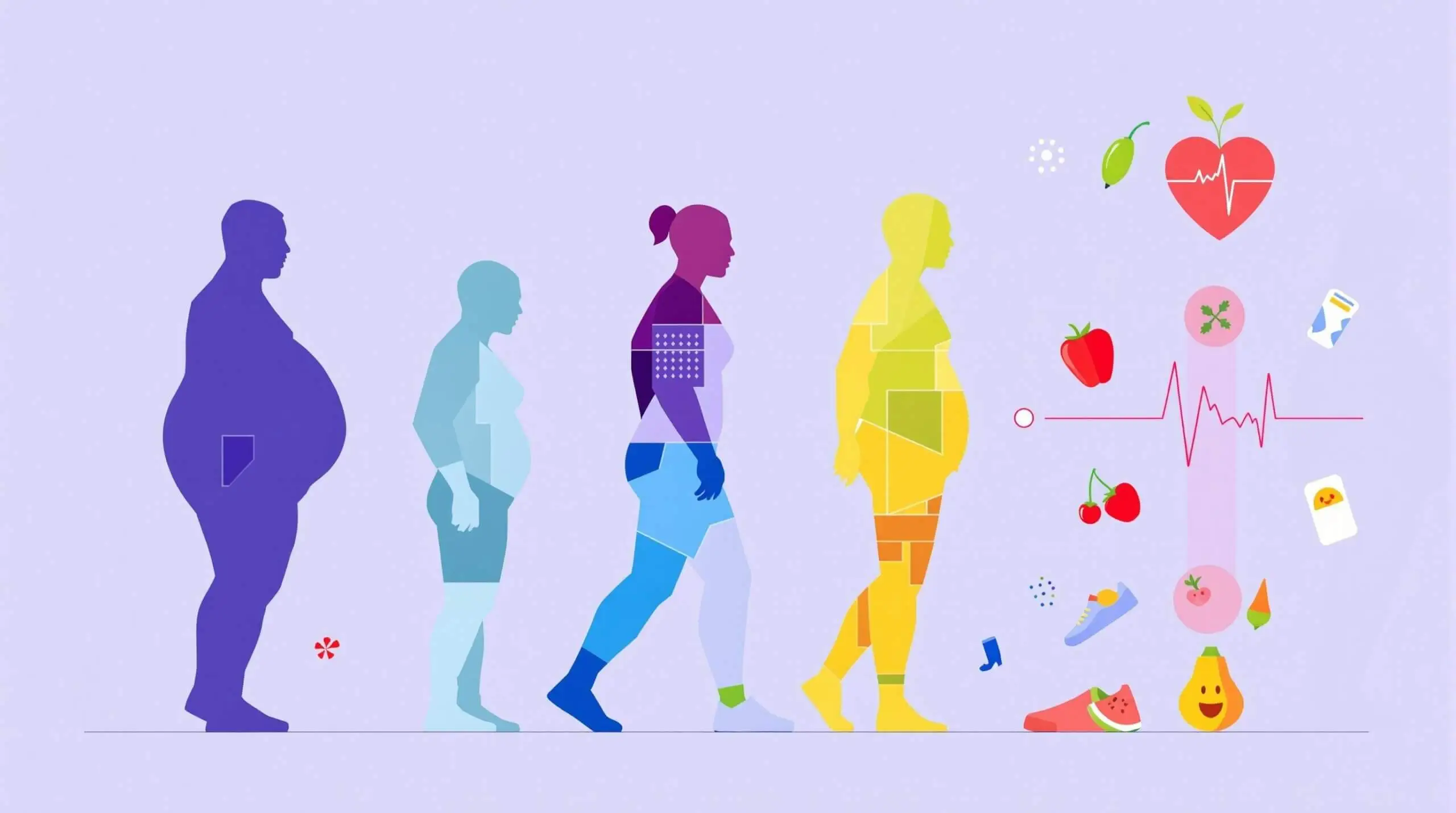 Illustration of weight loss transformation with bold visual elements.