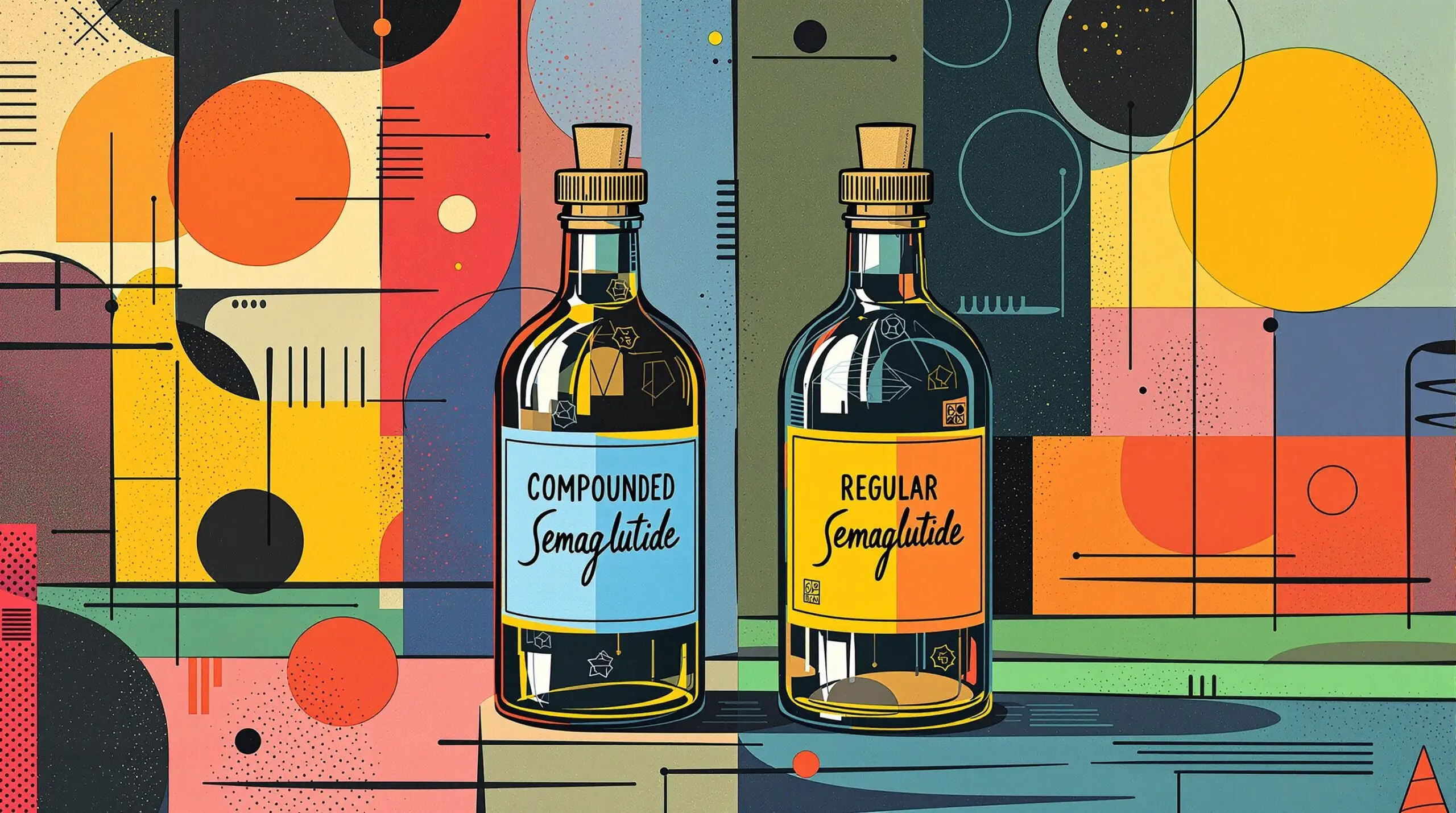 Illustration of bottles for compounded and regular semaglutide against an abstract background