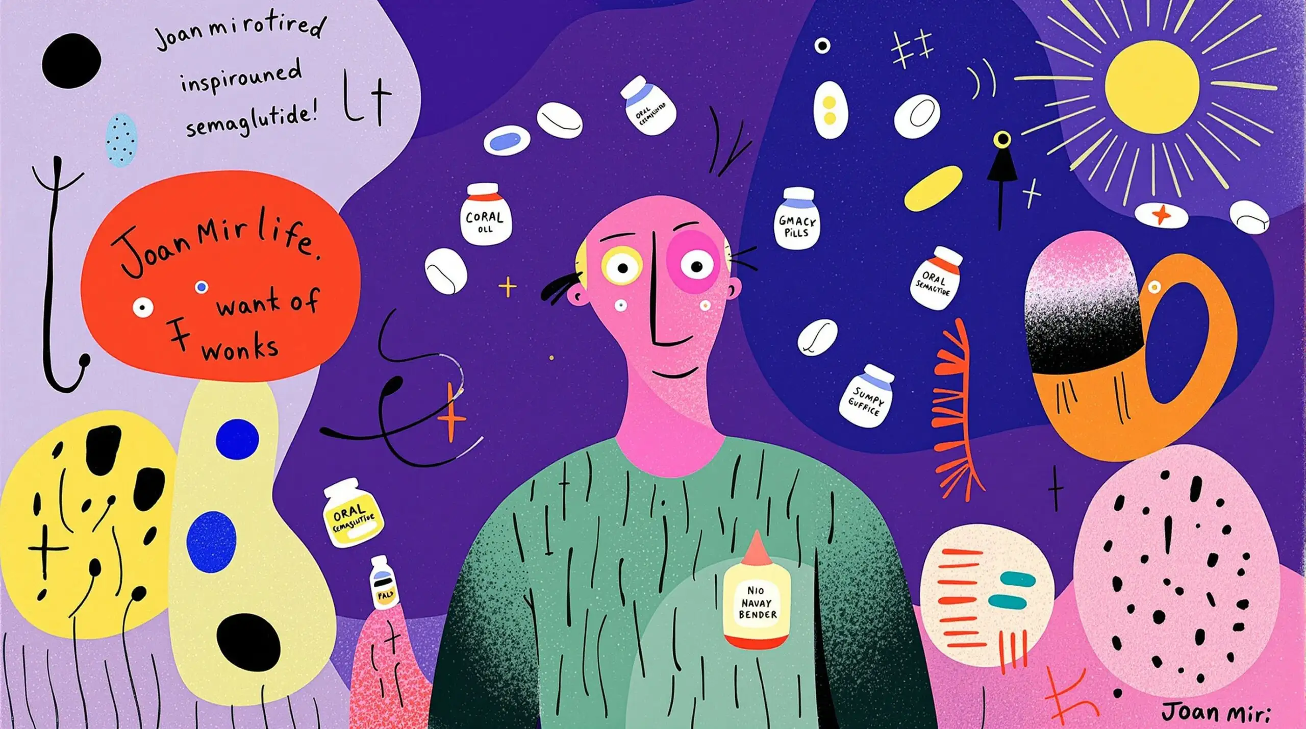 A person juggling oral semaglutide pills and compounded vials in an abstract setting.