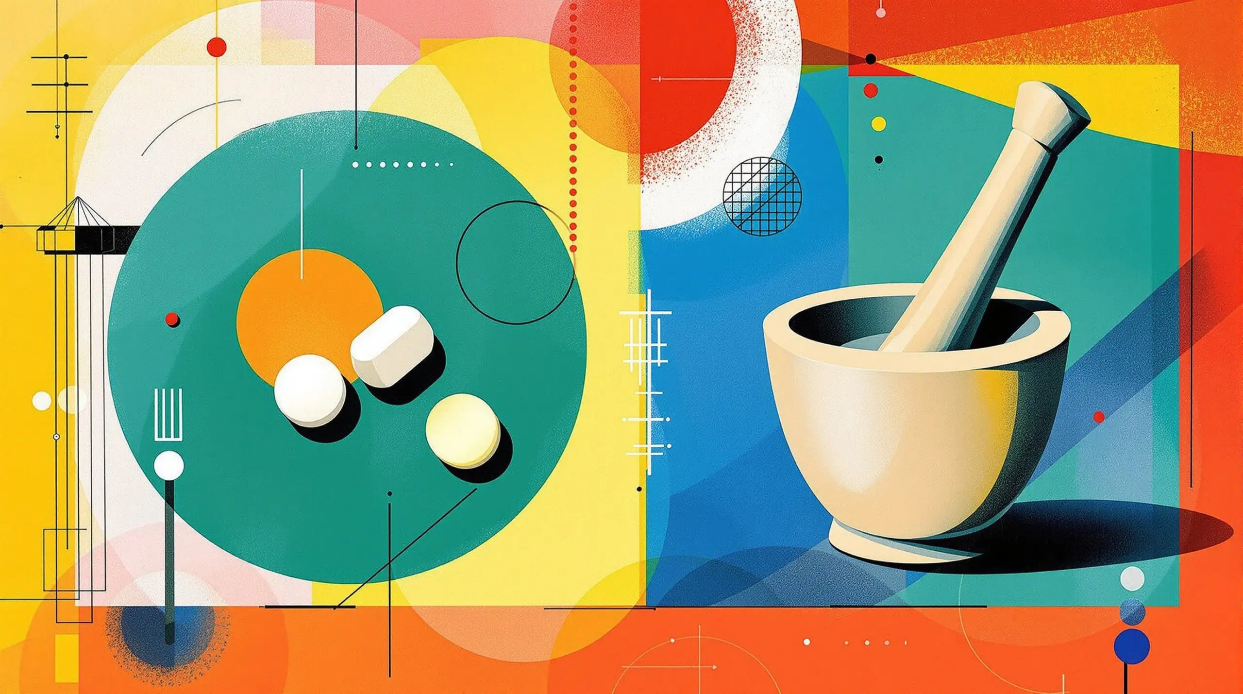 An abstract illustration of oral semaglutide pills and a compounding mortar and pestle.