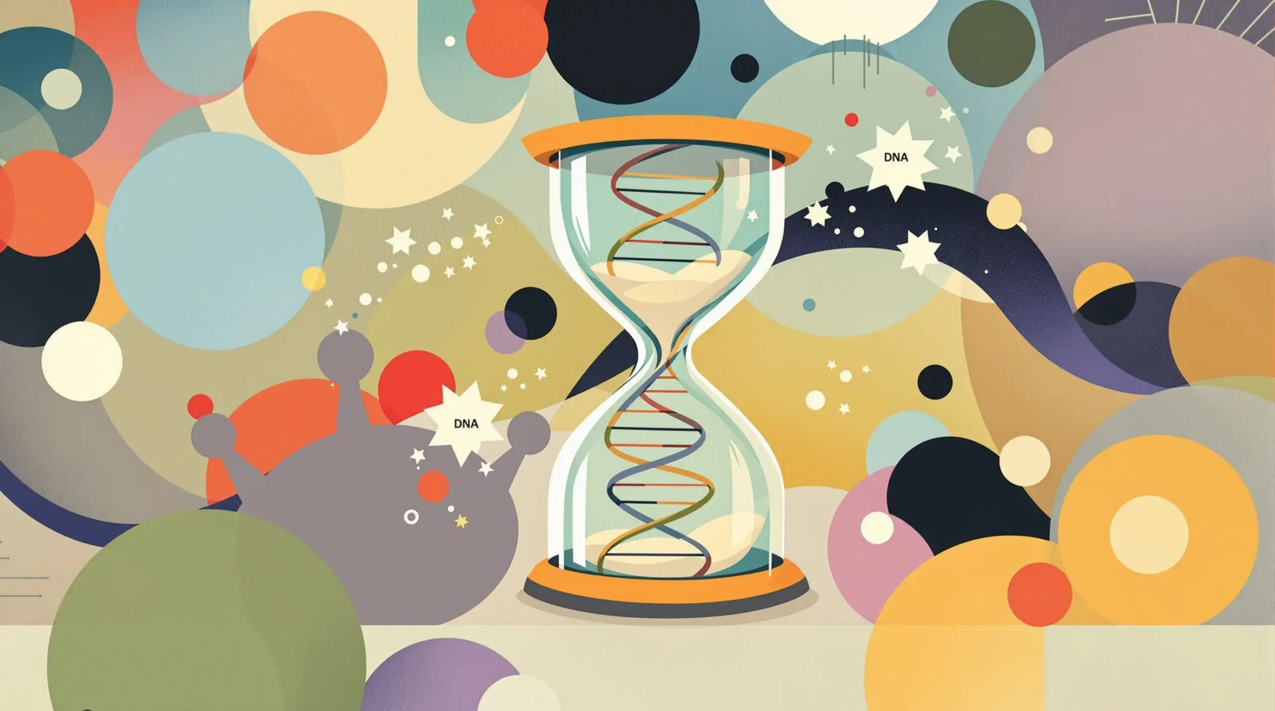 A whimsical image of an hourglass with DNA strands and rapamycin's impact on aging.