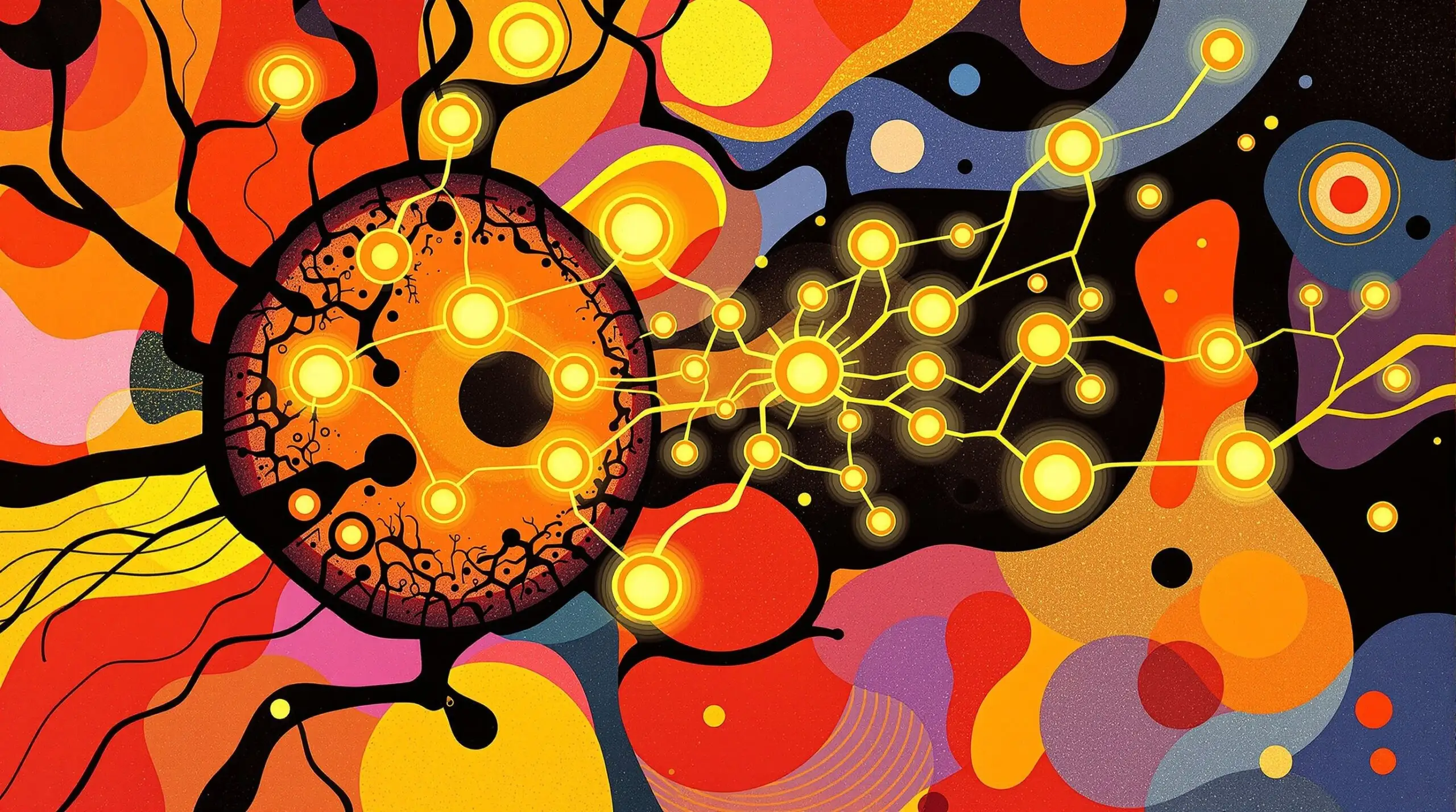 Rapamycin molecules interacting with the mTOR pathway in a stylized human cell.