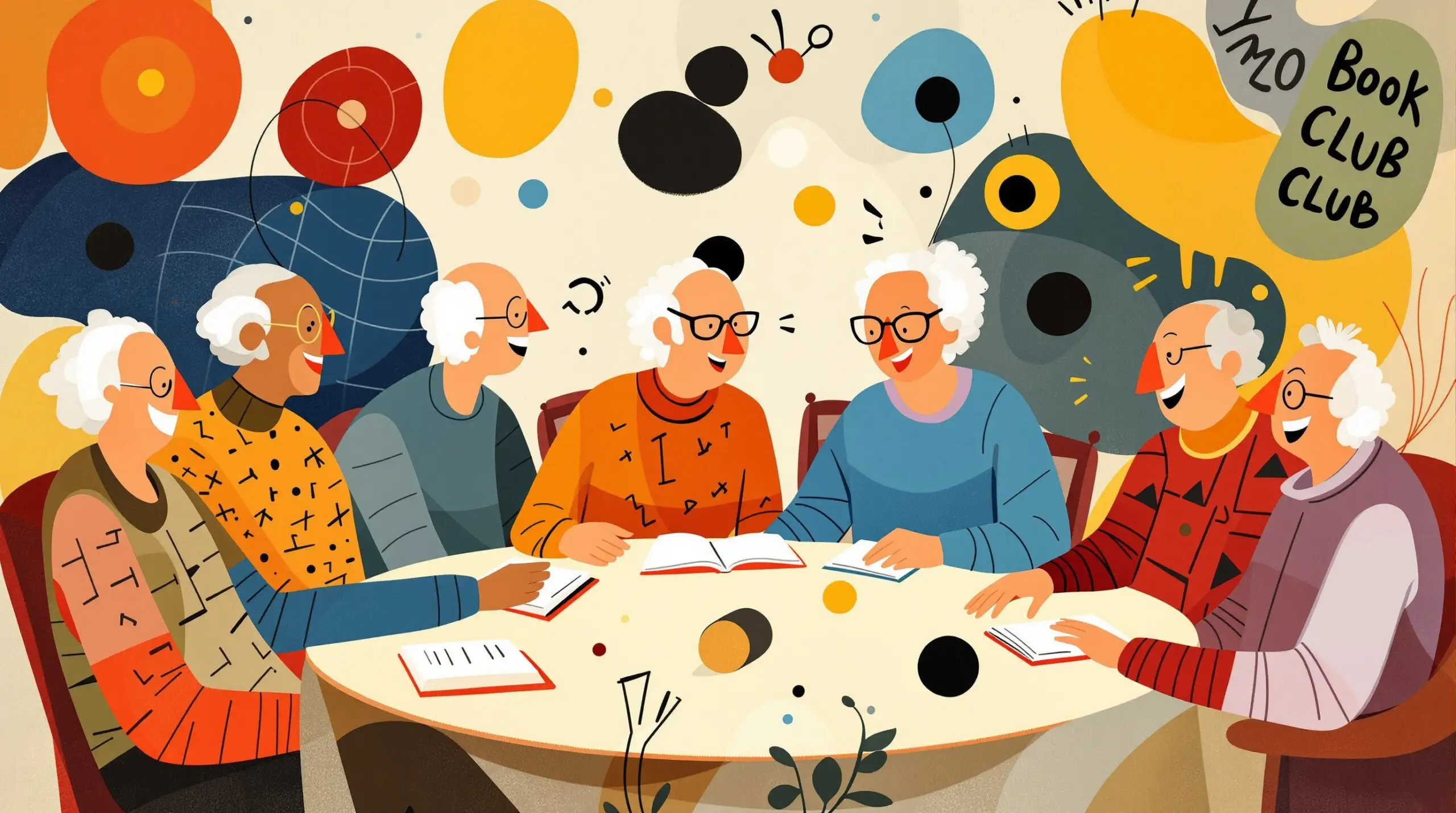 Artistic illustration of a diverse elderly book club surrounded by abstract shapes.