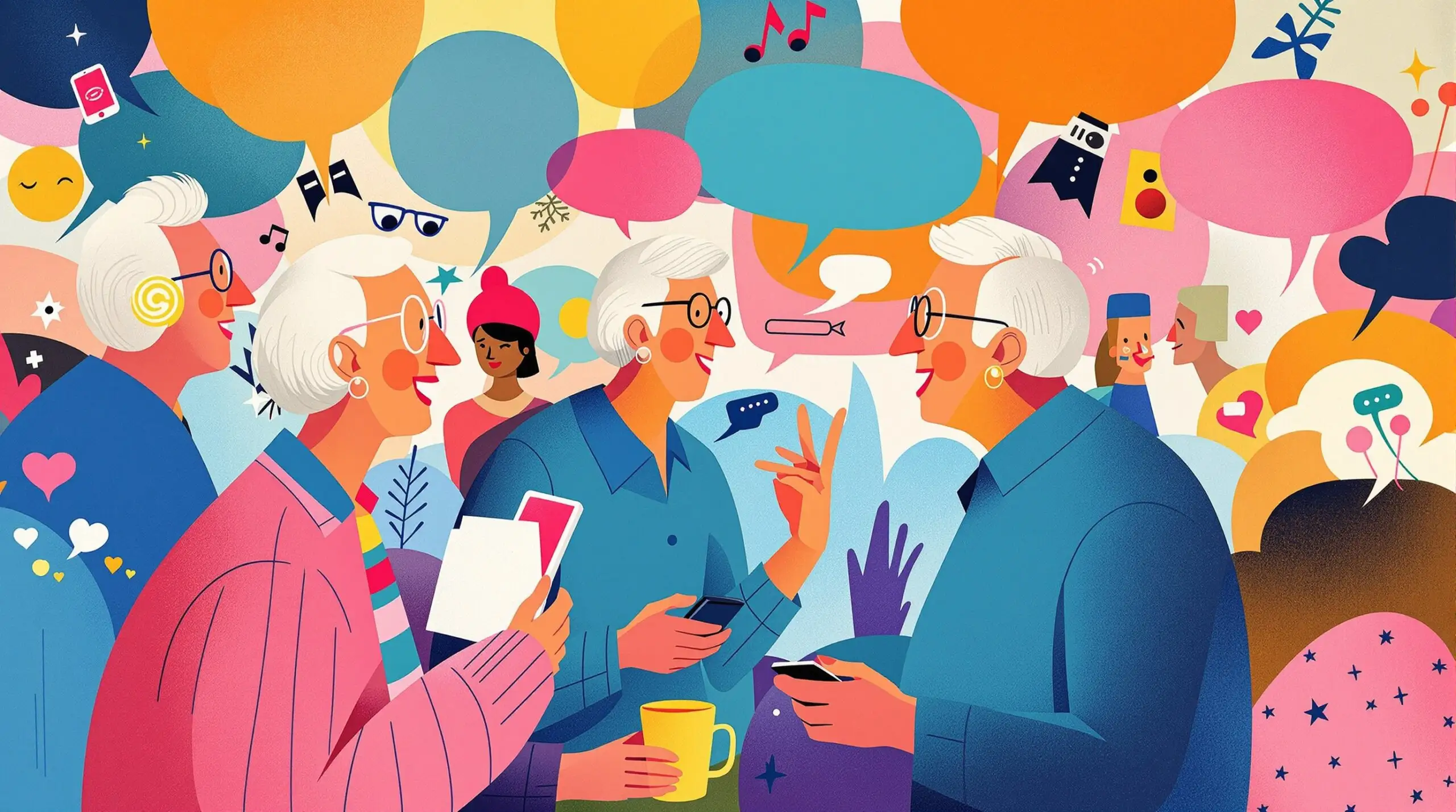 An artistic illustration of elderly people engaged in conversations, with abstract shapes representing communication.