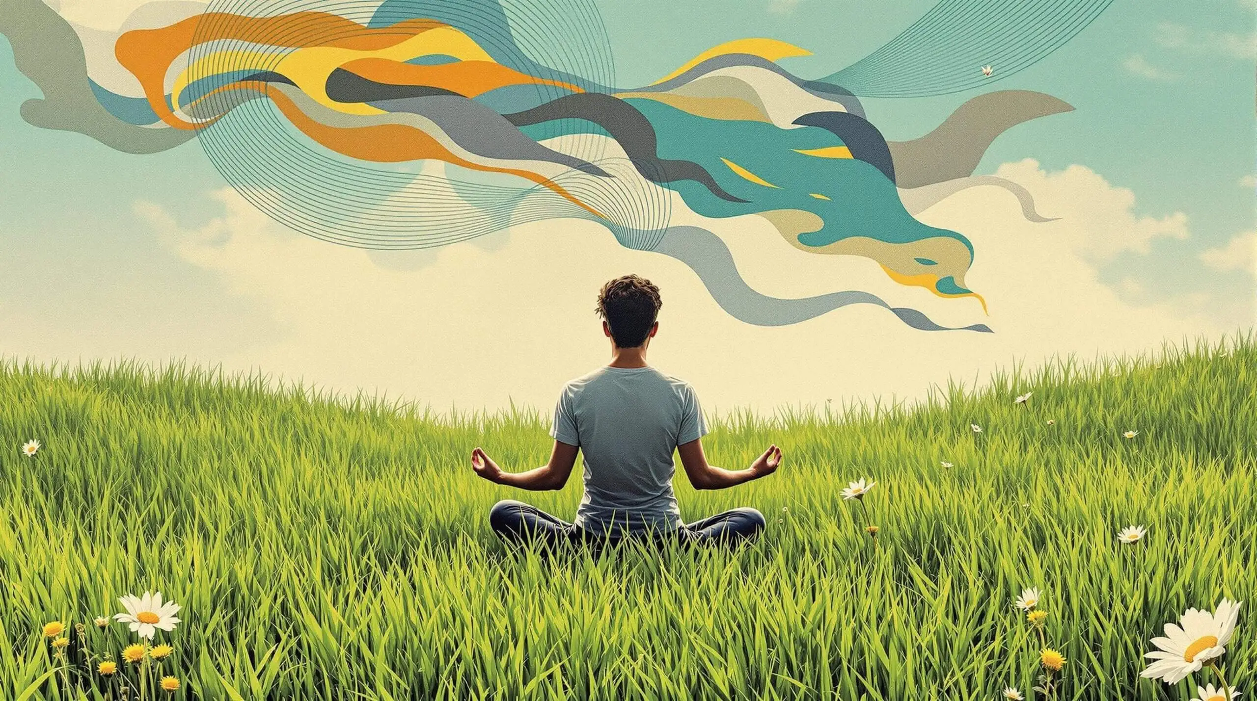 Collage of a person meditating in a field with wind patterns swirling around.