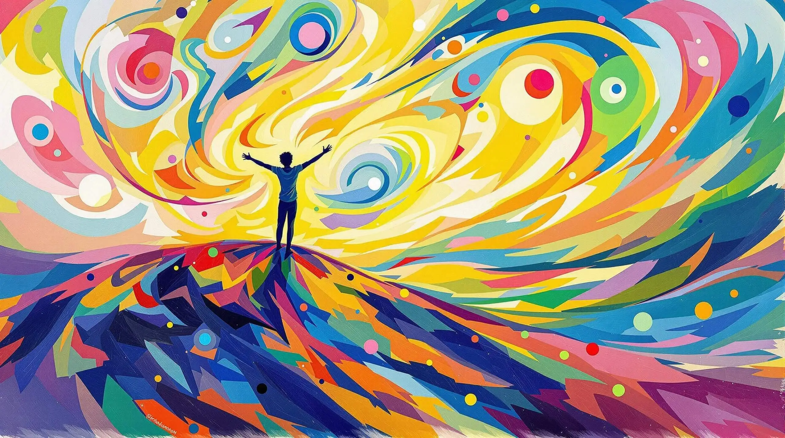 Abstract illustration of a person on a hill embracing the wind with colorful breezes.