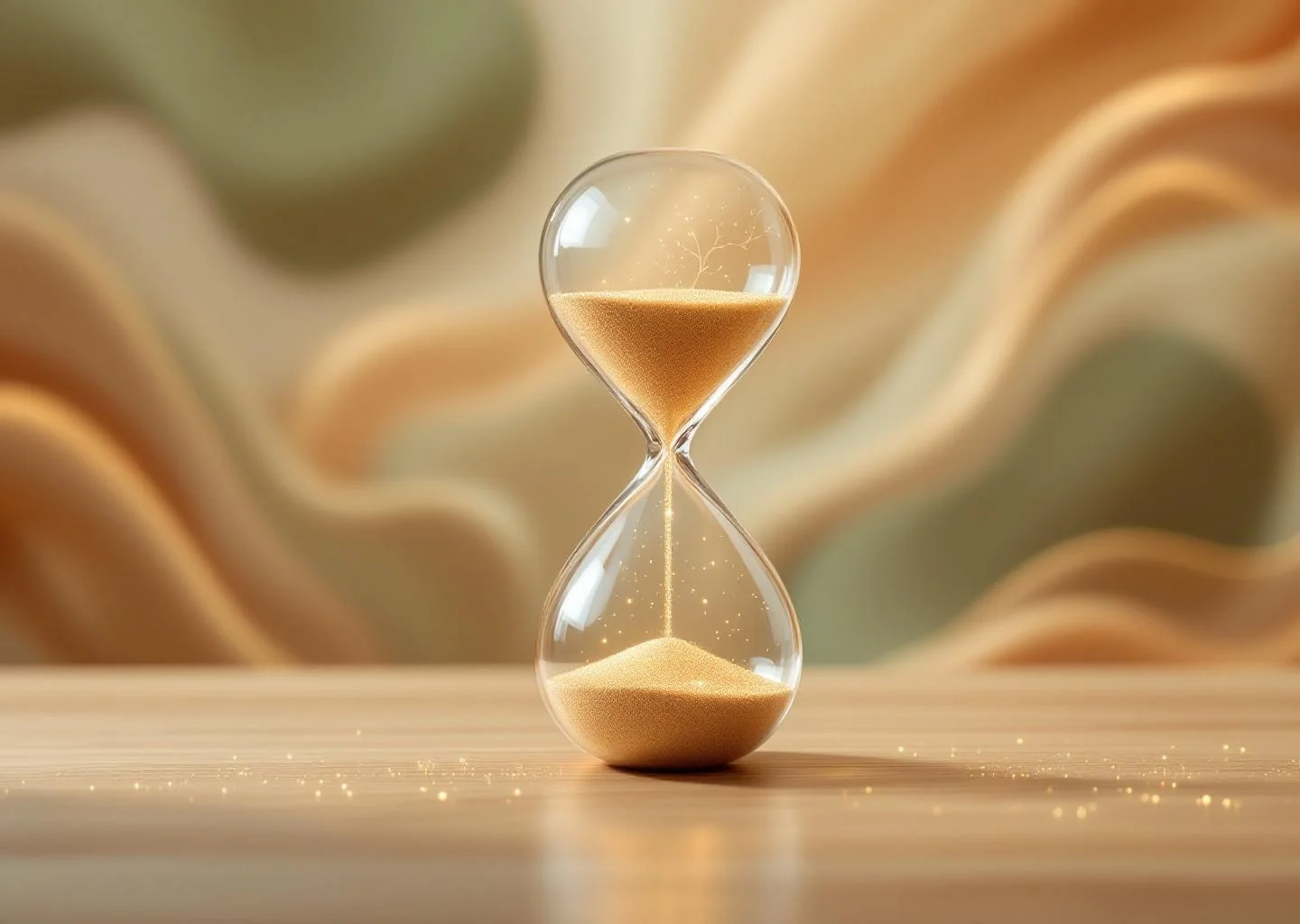 An artistic hourglass filled with glowing light particles against a soft, abstract background of amber and sage colors, symbolizing the fluid nature of female biological aging.