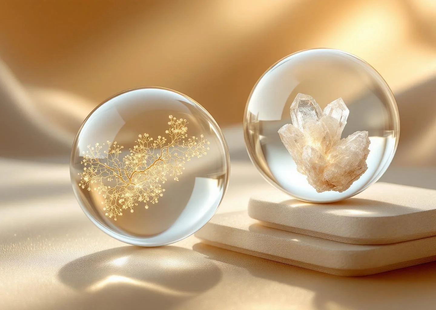 An abstract conceptual image featuring two glowing, translucent orbs representing metabolic balance and cellular vitality in a warm, amber-toned space.