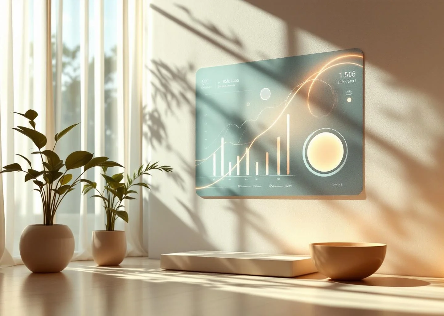 An abstract, minimalist digital dashboard visualization with glowing data markers and soft, warm lighting in a modern interior.