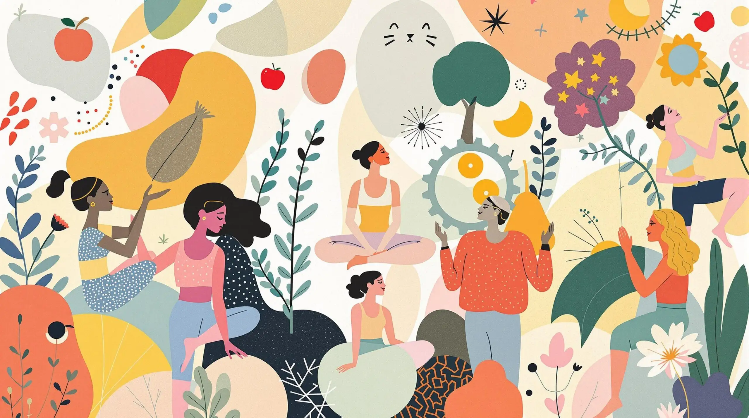 A collage illustration of women of different ages doing yoga, meditating, and walking in nature.