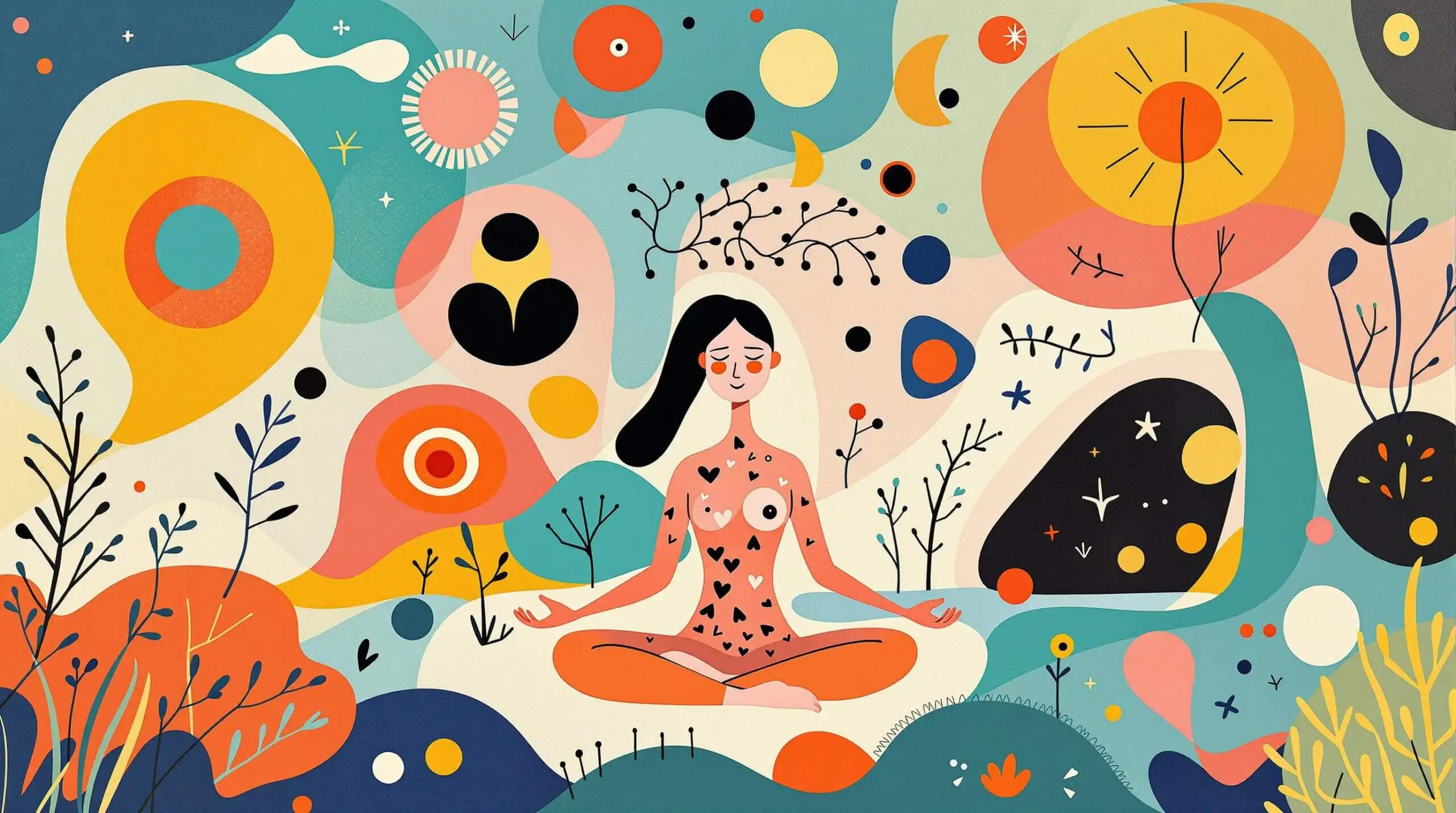 An artistic illustration of a person meditating outdoors with whimsical patterns around them.