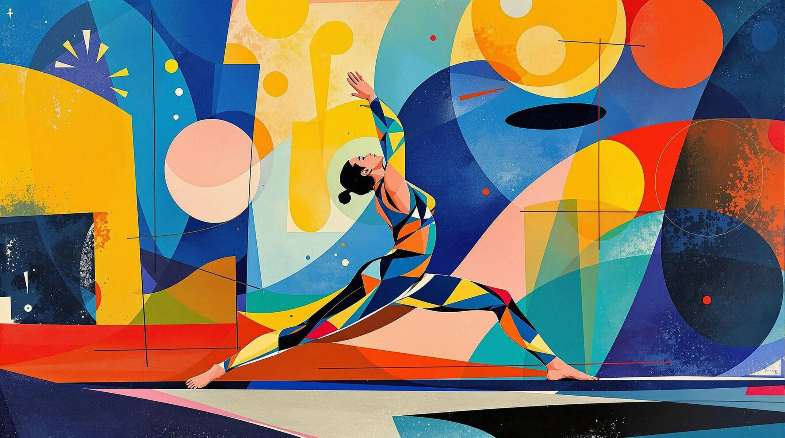 An artistic illustration of a yoga practitioner in a warrior pose set against a vibrant, abstract background.