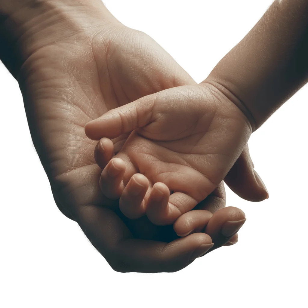 Close-up of an adult hand holding a child's hand, symbolizing biological age and longevity blood testing biomarkers.