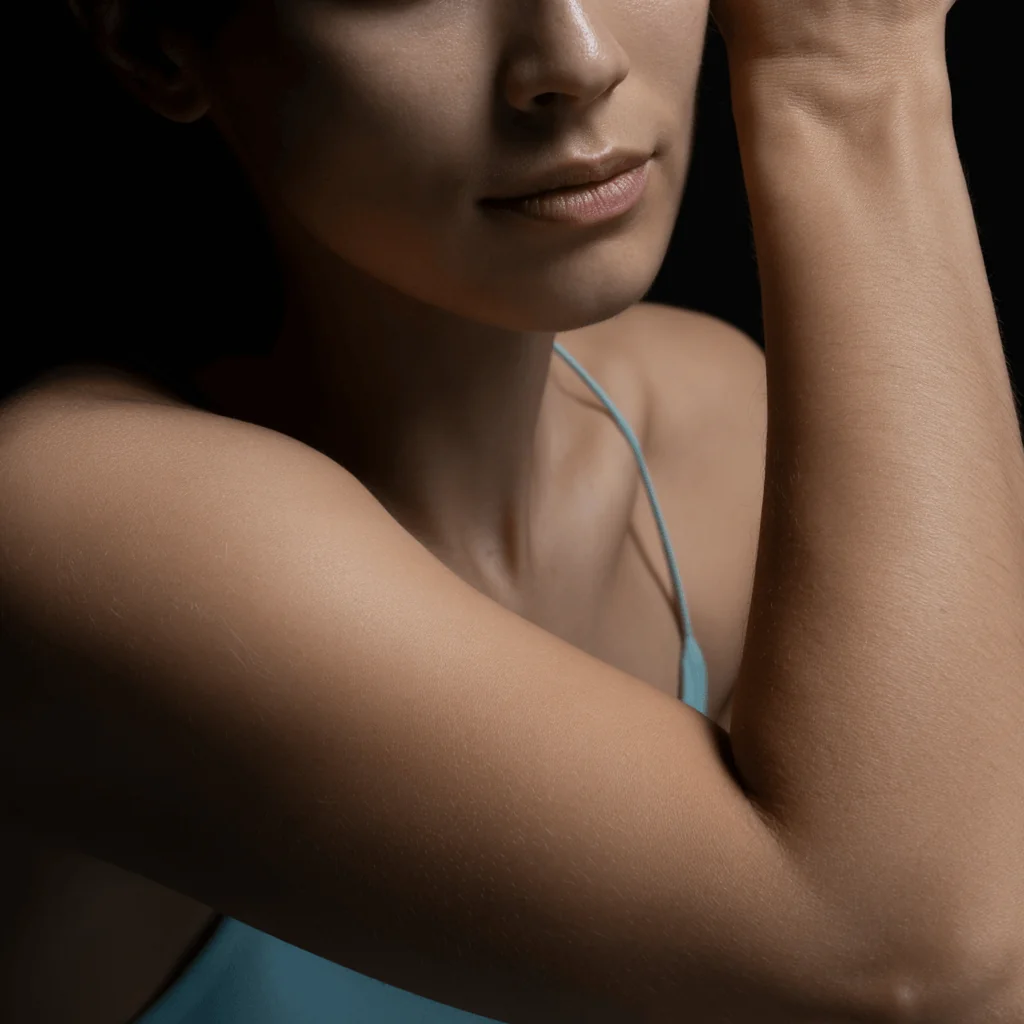 Close-up of a person's arm and shoulder, symbolizing blood health for longevity testing and biomarker analysis.