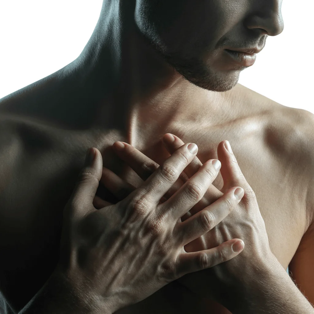 Man holding hands over heart, representing heart health blood testing and longevity biomarkers.