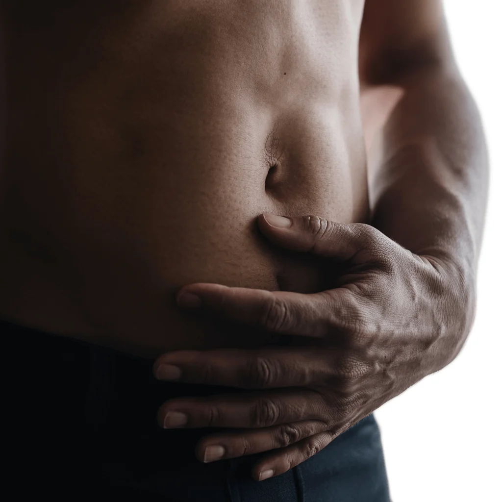 Close-up of a person's abdomen with hand resting on it, symbolizing metabolic health blood testing and biomarkers for longevity.