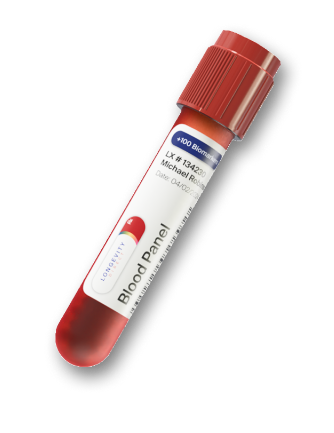 Blood testing vial for longevity biomarker analysis and health optimization.