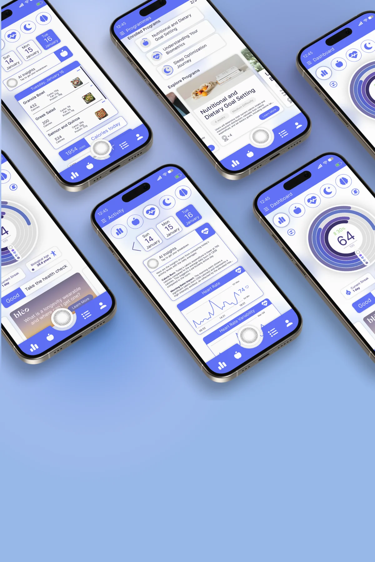 Screenshots of a health and longevity app showing activity tracking, nutrition goals, heart rate, and biometric data.