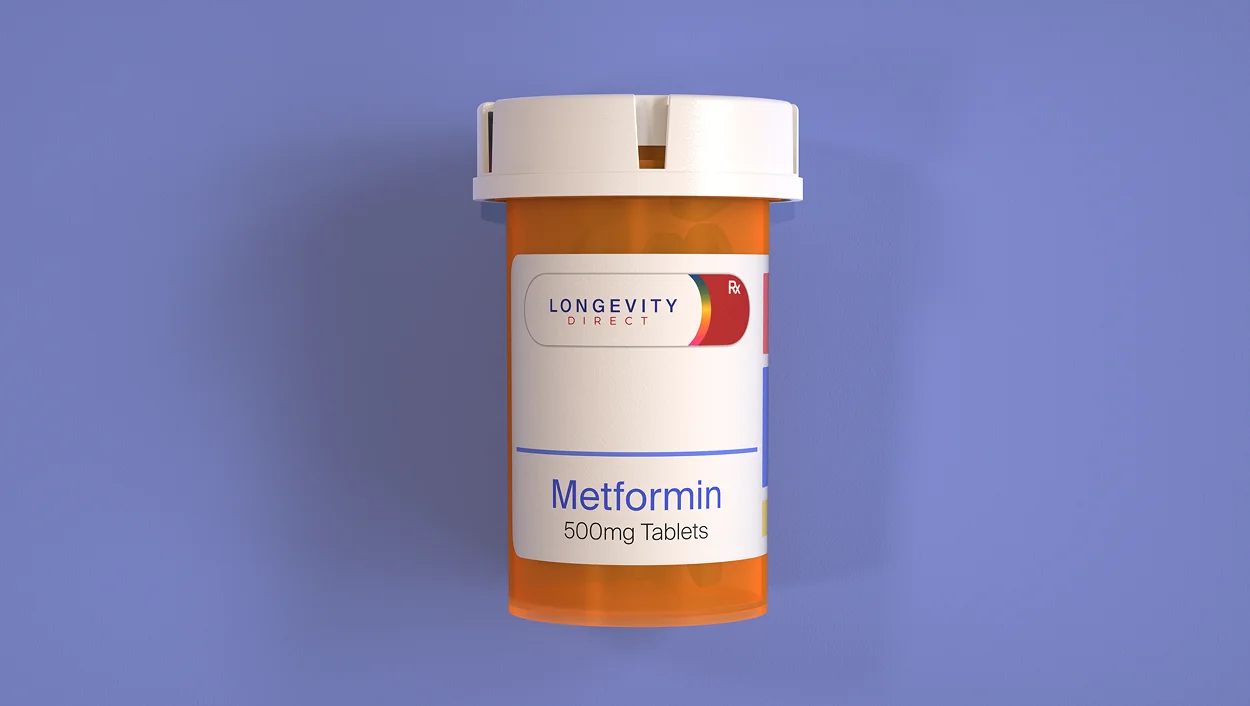 Metformin tablets bottle for longevity and health.