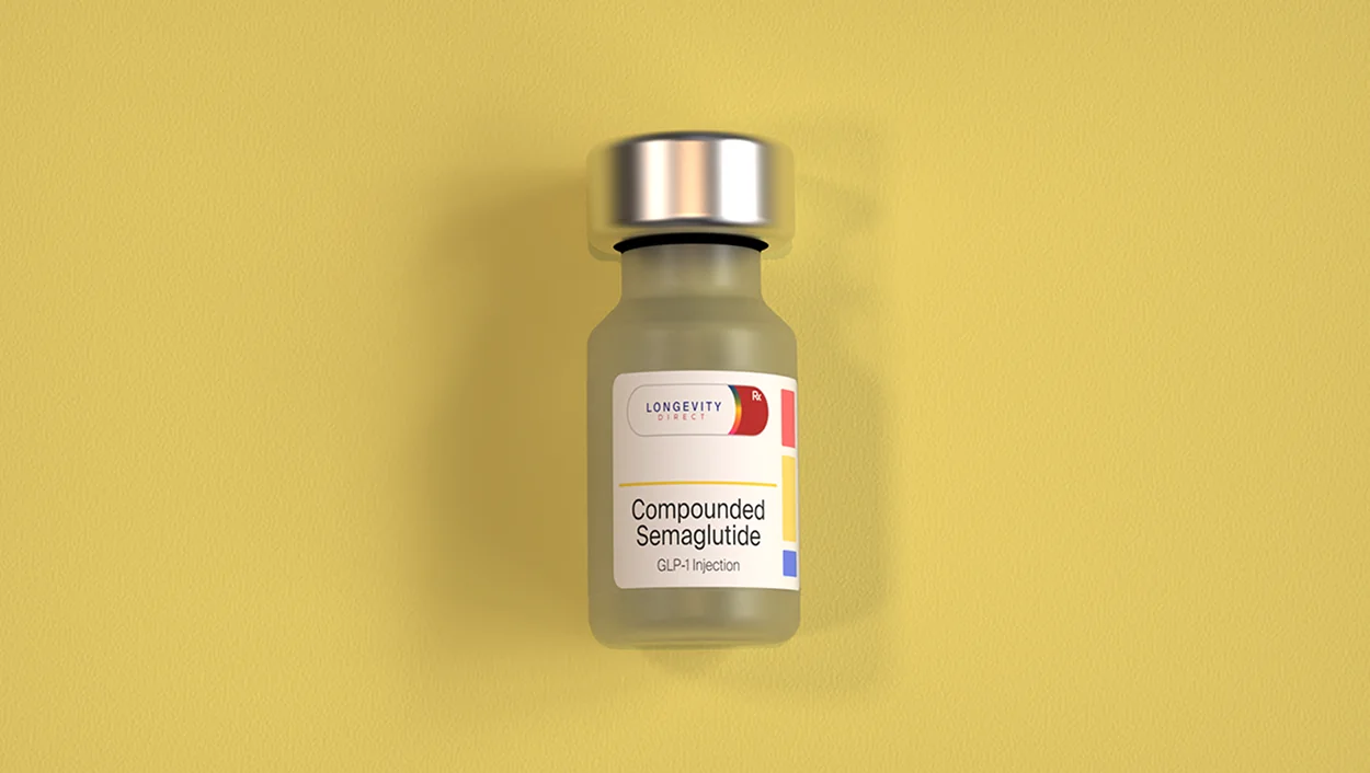 Compounded semaglutide GLP-1 injection vial for longevity.