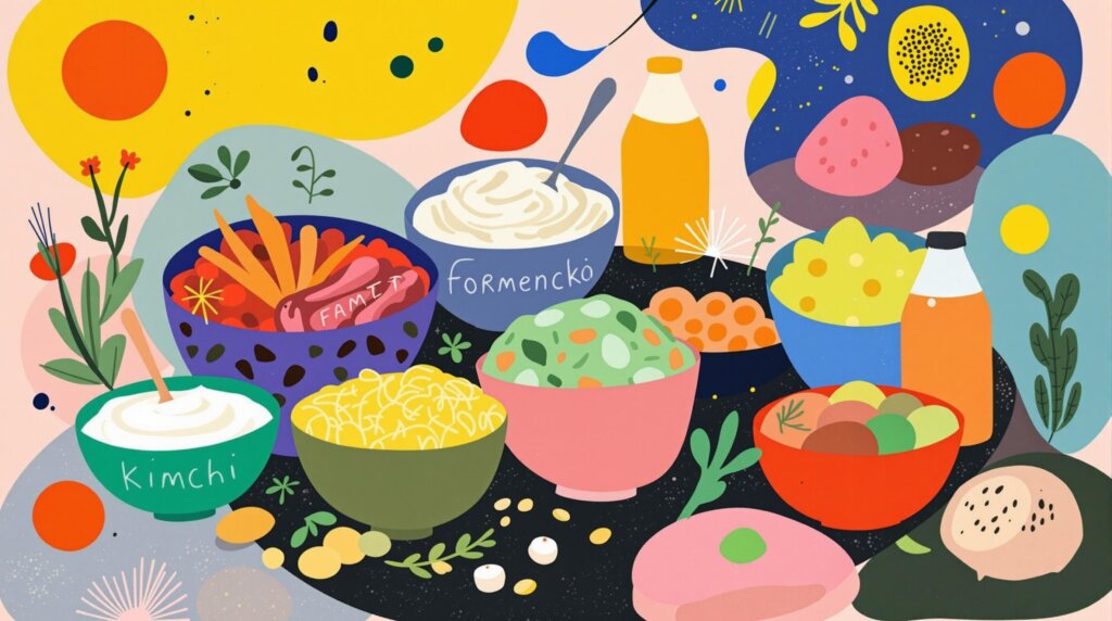 Artistic illustration of diverse fermented foods against an abstract background