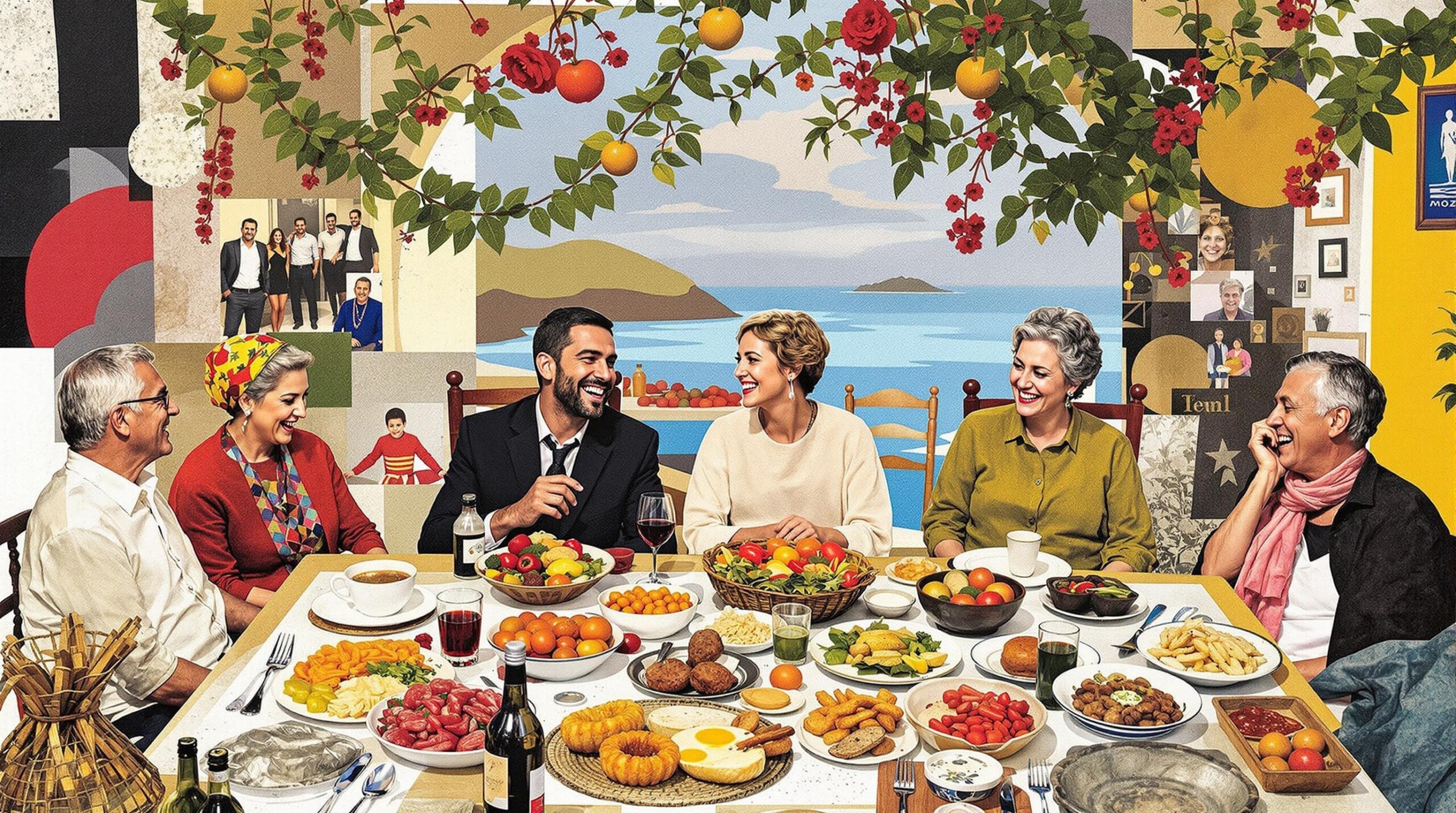 Abstract collage of Sardinian family and traditional cuisine elements